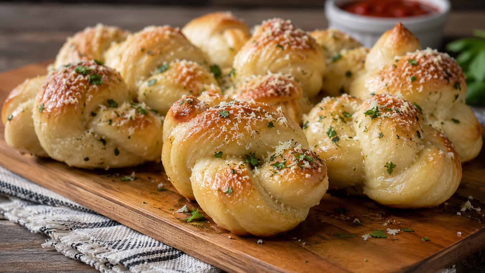 soft golden garlic knots brushed with butter and dusted with parmesan and parsley in a wide horizontal shot, on a wooden board over a rustic napkin, natural light, shallow depth of field, landscape orientation