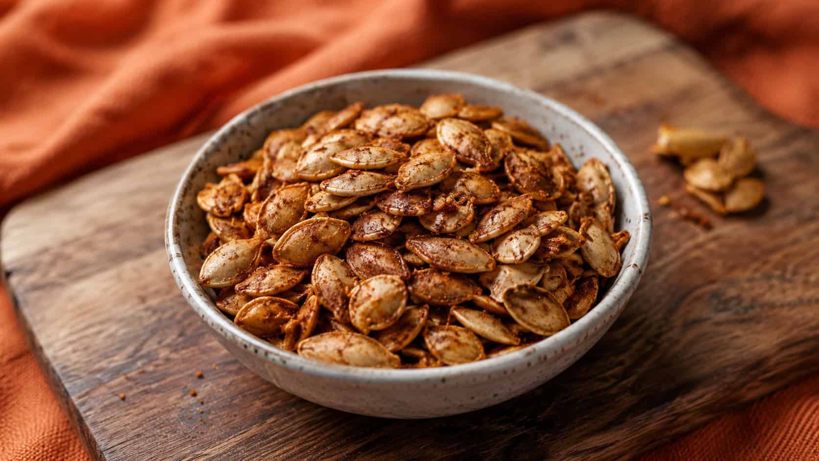 crunchy roasted pumpkin seeds dusted with smoky red spice in a small bowl in a wide horizontal shot, on a wooden board over a warm-toned cloth, natural light, shallow depth of field, landscape orientation