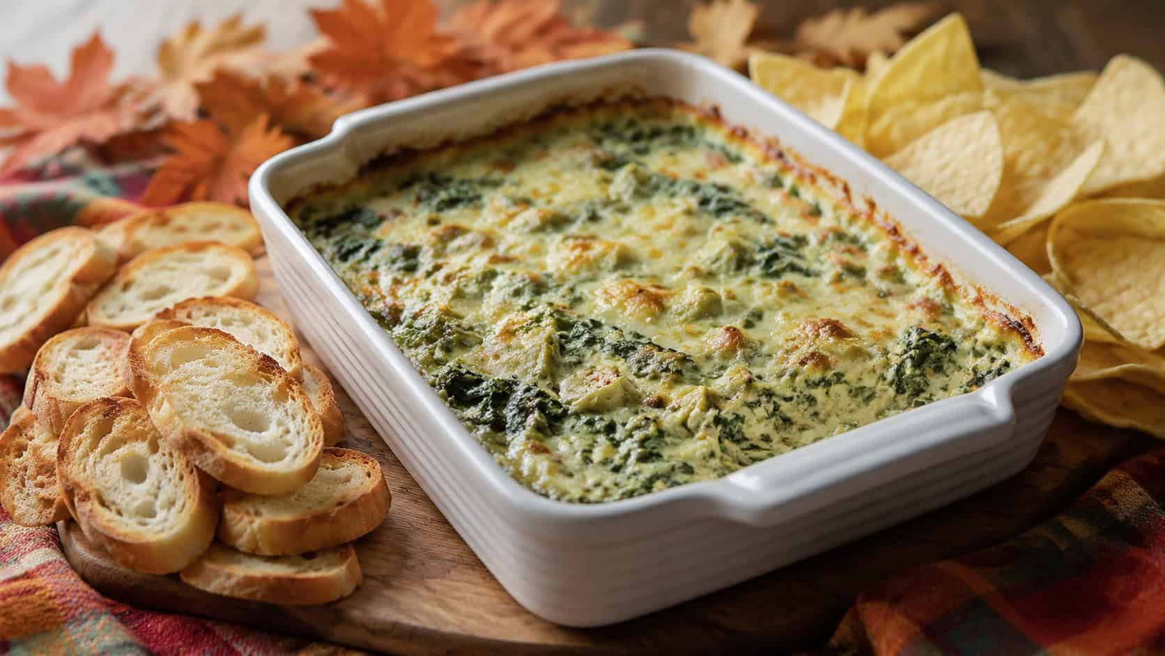 a bubbling golden spinach artichoke dip in a baking dish with bread and chips in a wide horizontal shot, on a wooden board over a cozy fall cloth, natural light, shallow depth of field, landscape orientation