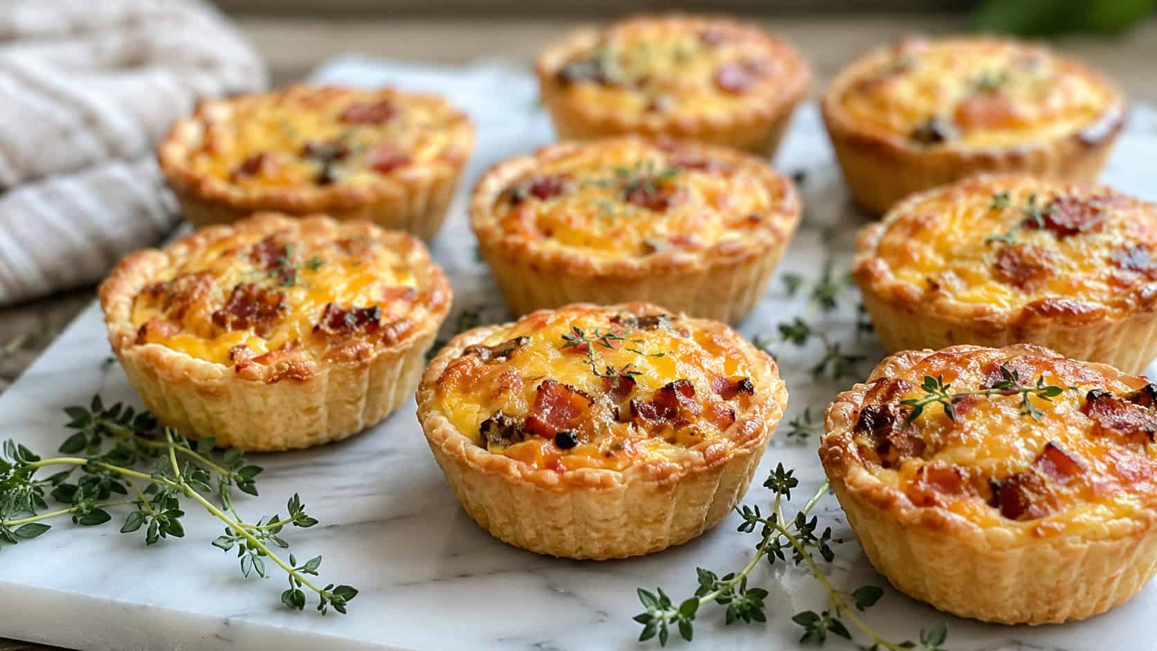 a platter of mini quiches with golden crusts flecked with bacon and cheese in a wide horizontal shot, on a marble board with herb sprigs, natural light, shallow depth of field, landscape orientation