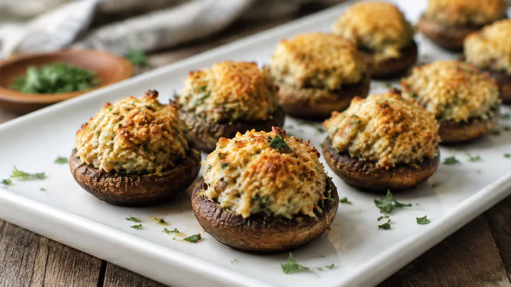 a platter of golden baked stuffed mushrooms topped with crispy breadcrumbs and flecks of parsley in a wide horizontal shot, arranged on a white ceramic tray on a rustic wood table, natural light, shallow depth of field, landscape orientation