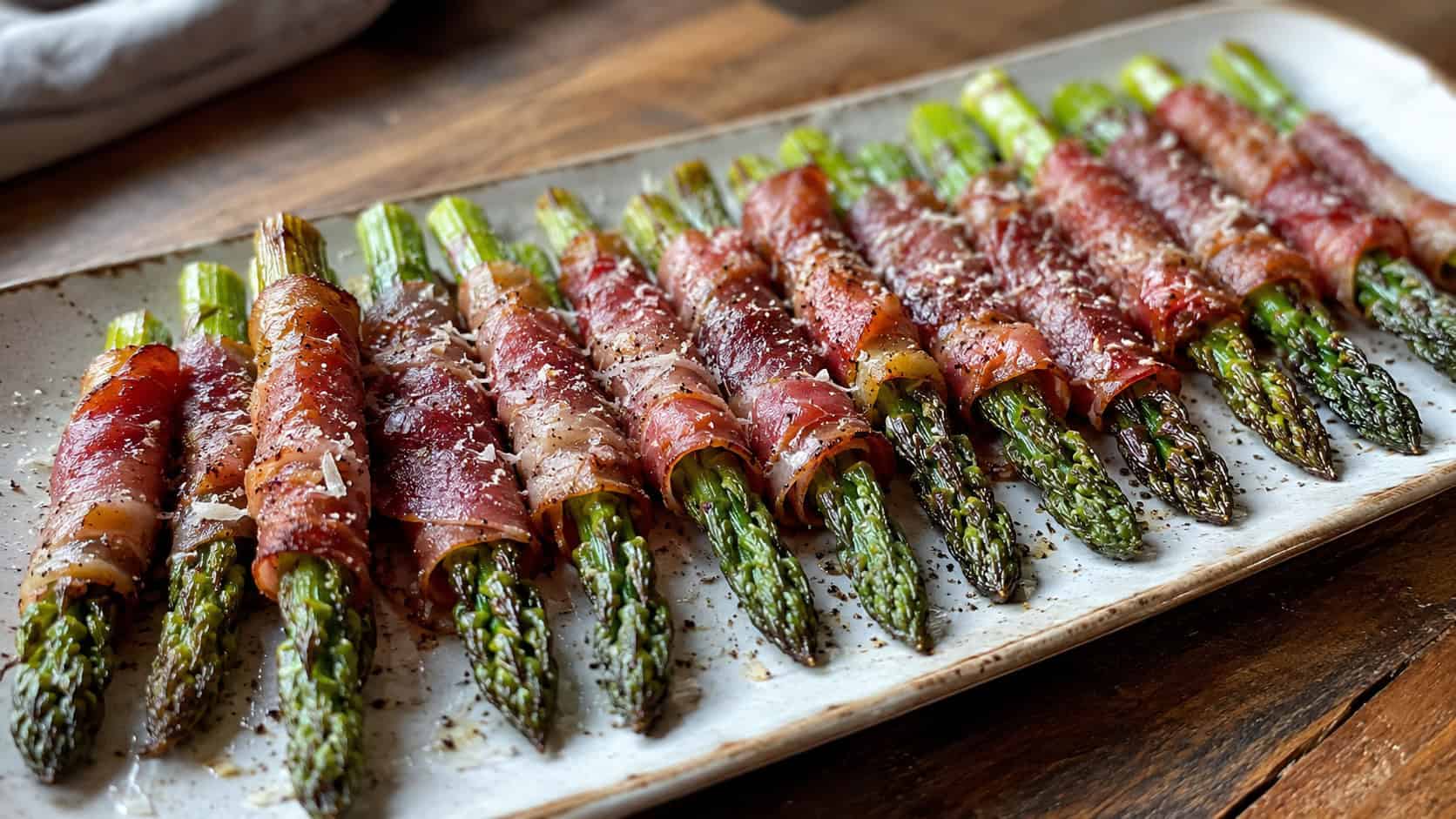 prosciutto-wrapped asparagus spears with crisp edges and a dusting of Parmesan in a wide horizontal shot, lined up on a long ceramic platter, natural light, shallow depth of field, landscape orientation