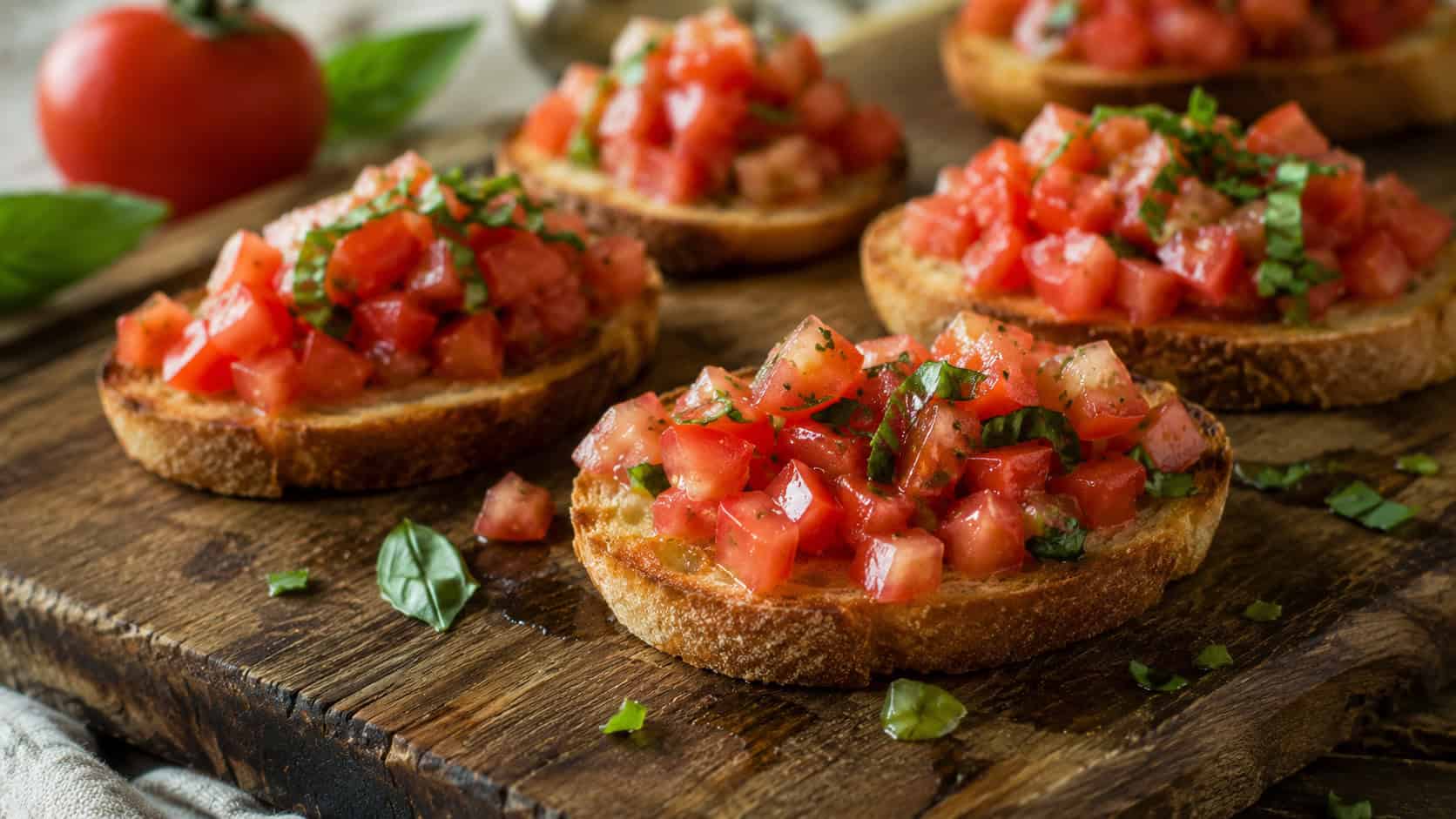 bruschetta toasts piled with diced red tomatoes and green basil in a wide horizontal shot, arranged on a rustic wooden board, natural light, shallow depth of field, landscape orientation