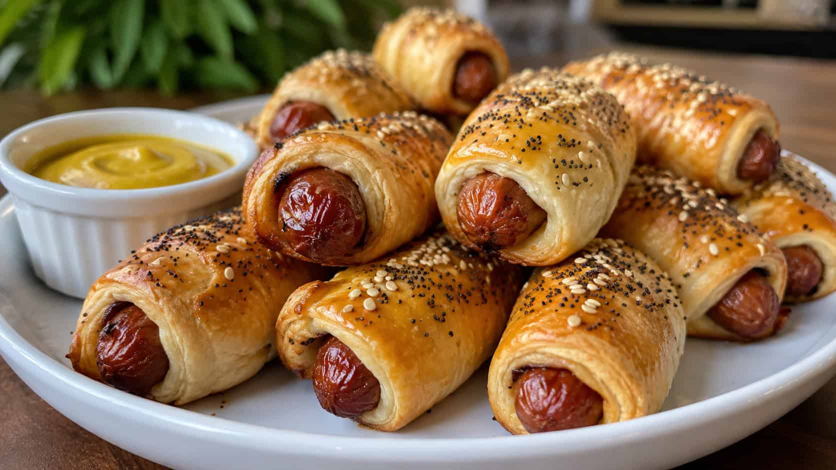 golden pigs in a blanket sprinkled with seeds in a wide horizontal shot, piled on a white platter with a dish of mustard, natural light, shallow depth of field, landscape orientation