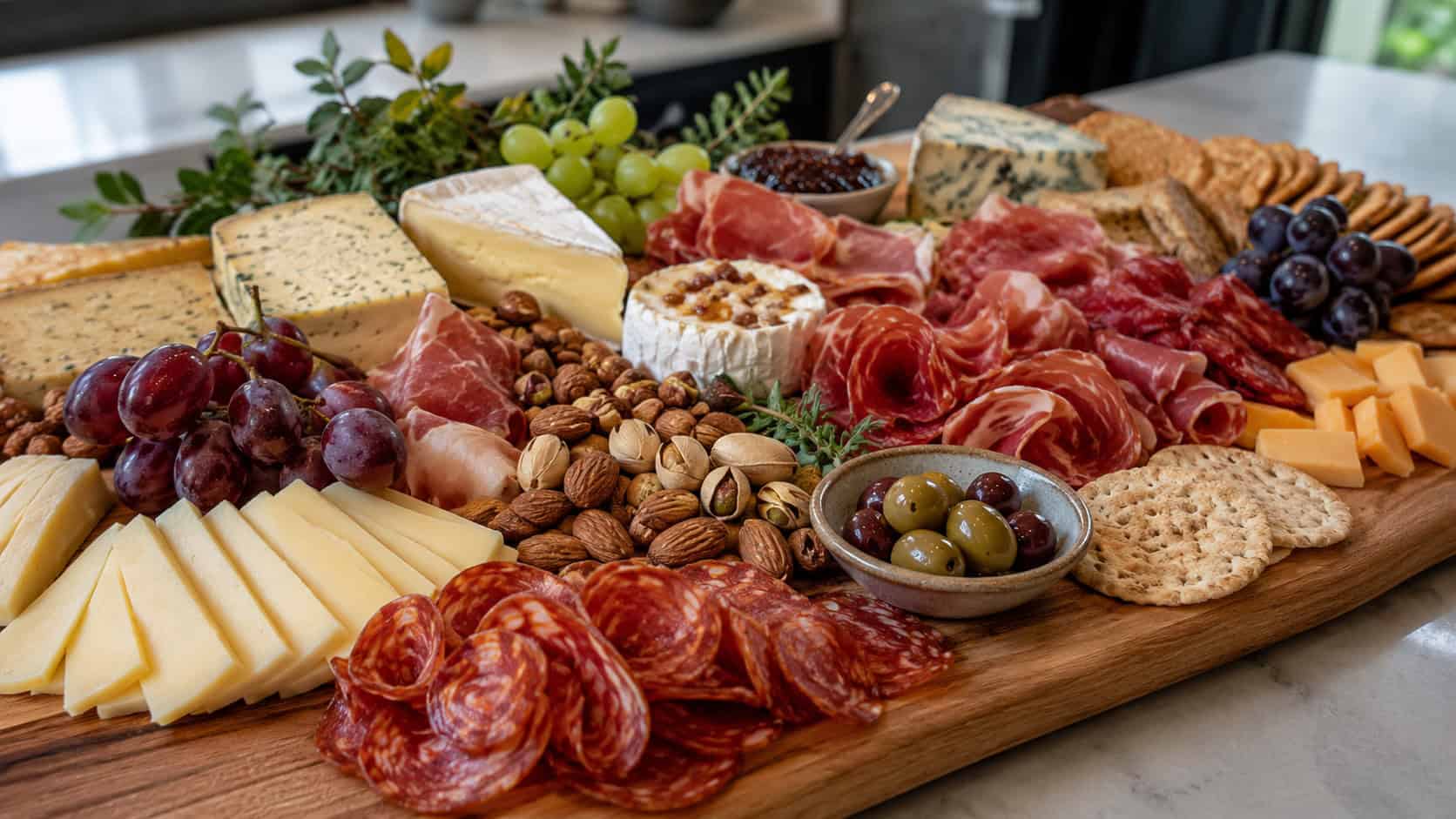 an abundant charcuterie board with wedges of cheese, folded cured meats, grapes, nuts, and crackers in a wide horizontal shot, spread across a large wooden board, natural light, shallow depth of field, landscape orientation