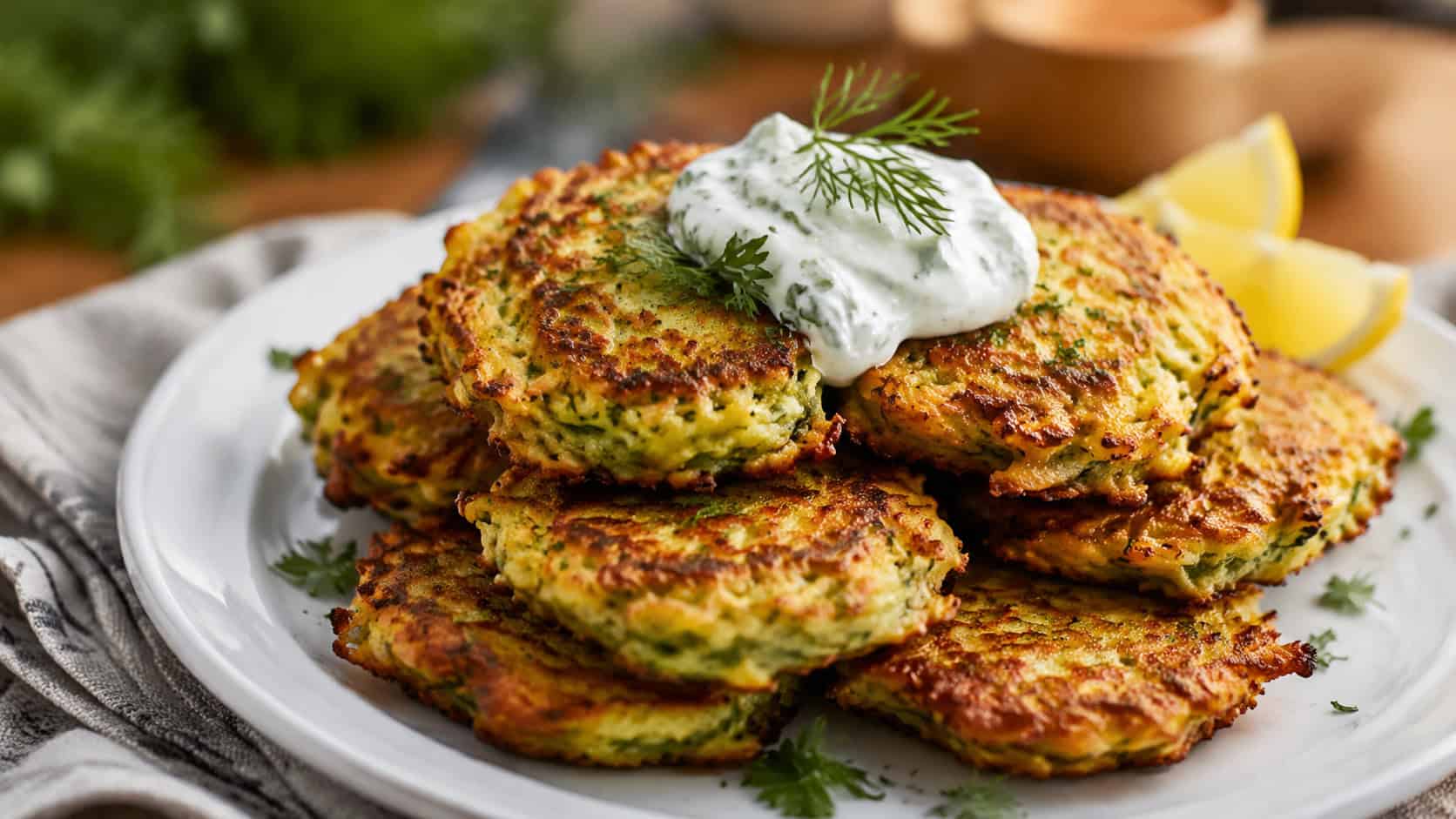 crispy golden zucchini fritters with a dollop of herbed sour cream in a wide horizontal shot, stacked on a white plate with lemon wedges, natural light, shallow depth of field, landscape orientation