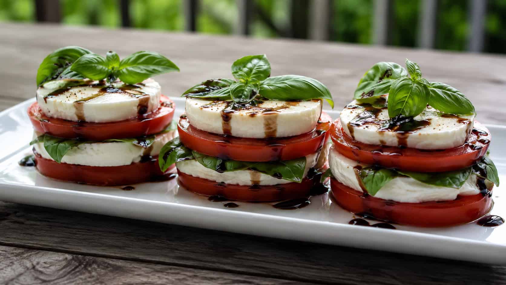 caprese salad stacks of red tomato, white mozzarella, and basil drizzled with balsamic in a wide horizontal shot, arranged on a rectangular white plate, natural light, shallow depth of field, landscape orientation