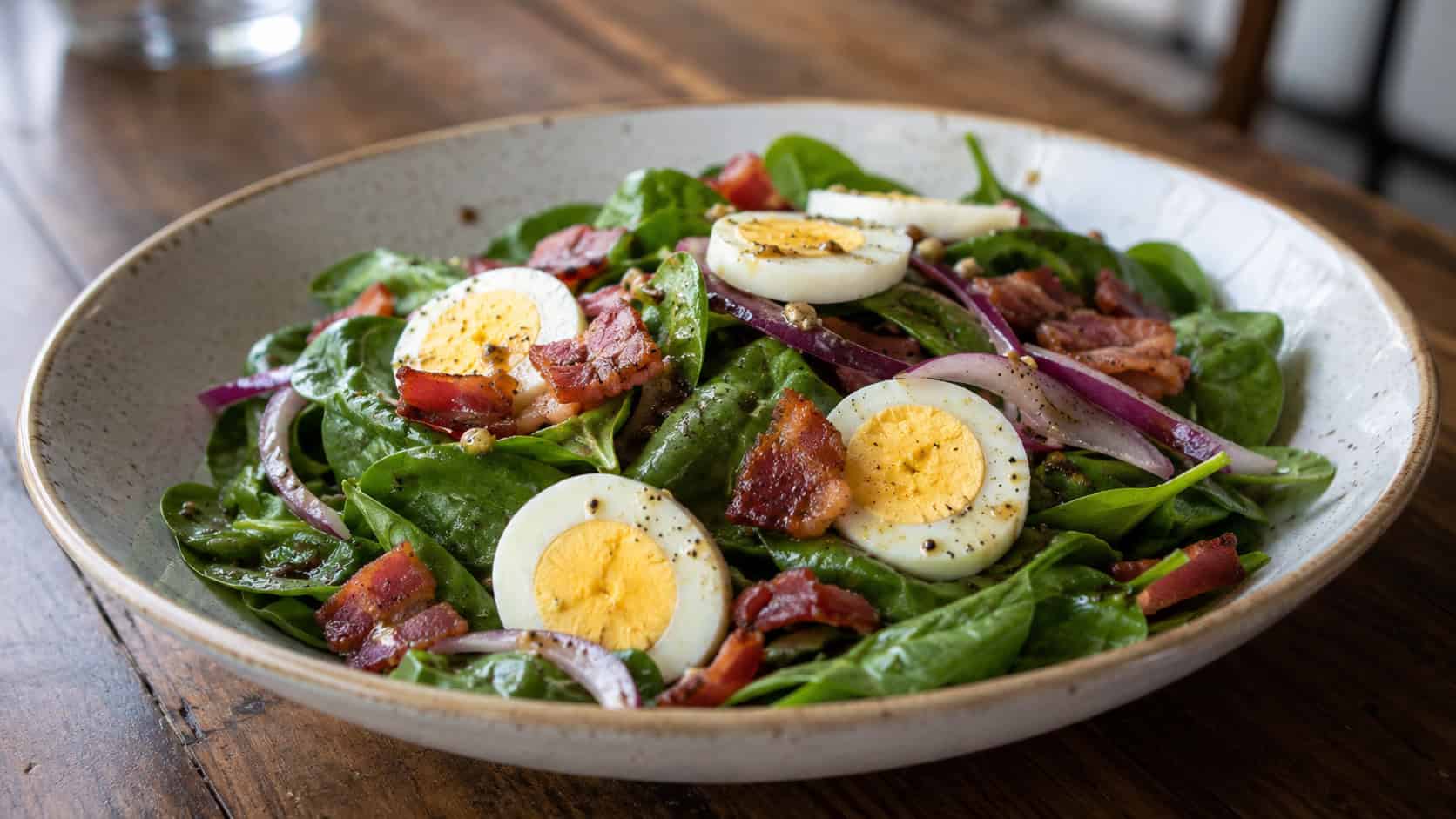 a warm spinach salad with crisp bacon, sliced egg, and red onion in a wide horizontal shot, served in a wide shallow bowl on a wood table, natural light, shallow depth of field, landscape orientation