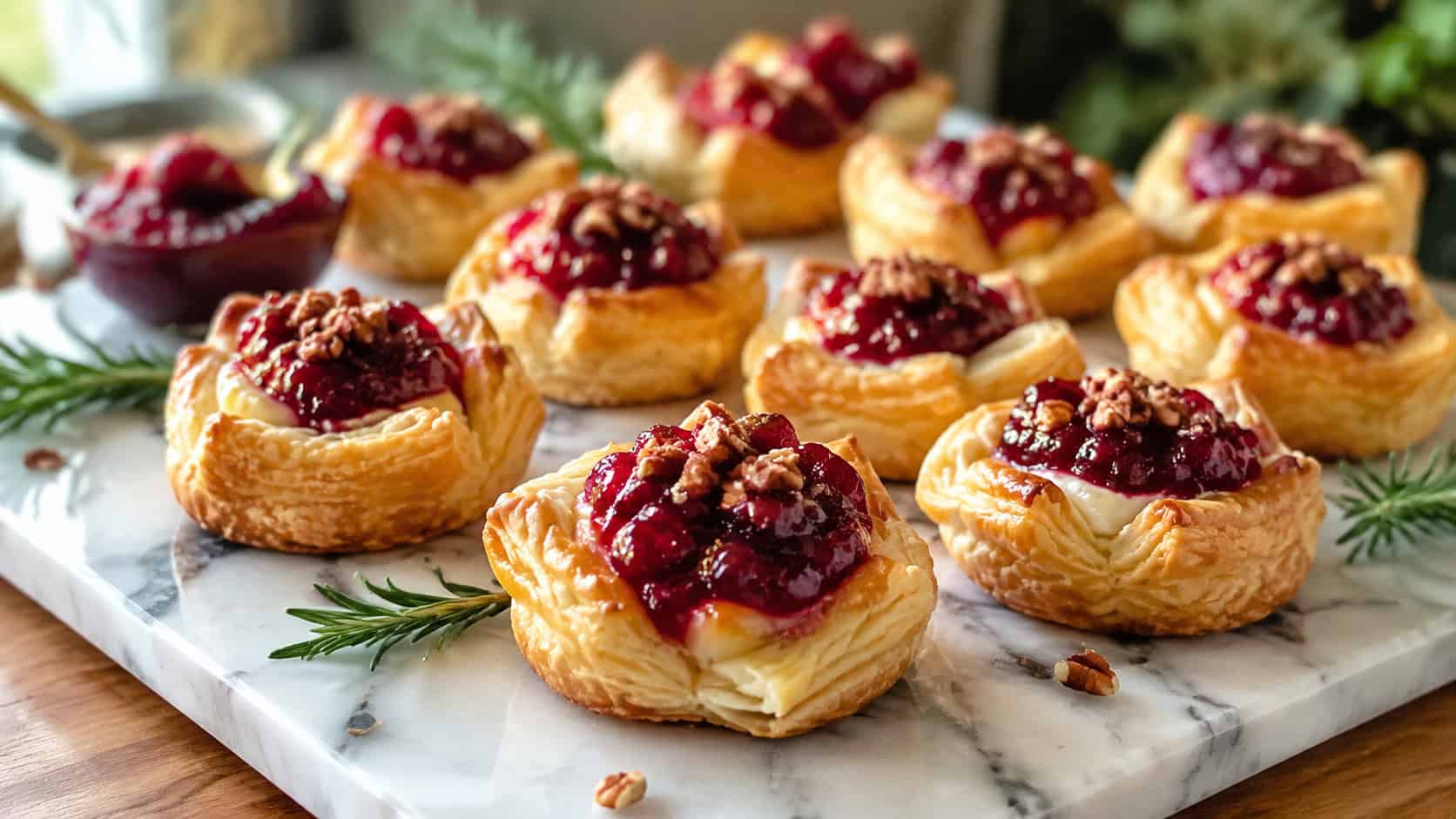 golden flaky brie bites topped with ruby cranberry sauce and chopped pecans in a wide horizontal shot, arranged on a marble board with sprigs of rosemary, natural light, shallow depth of field, landscape orientation