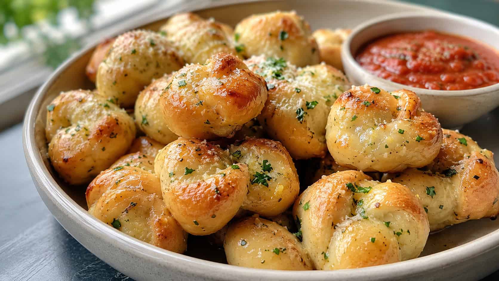 glossy garlic Parmesan dough knots flecked with parsley in a wide horizontal shot, piled in a shallow bowl with a small cup of marinara, natural light, shallow depth of field, landscape orientation