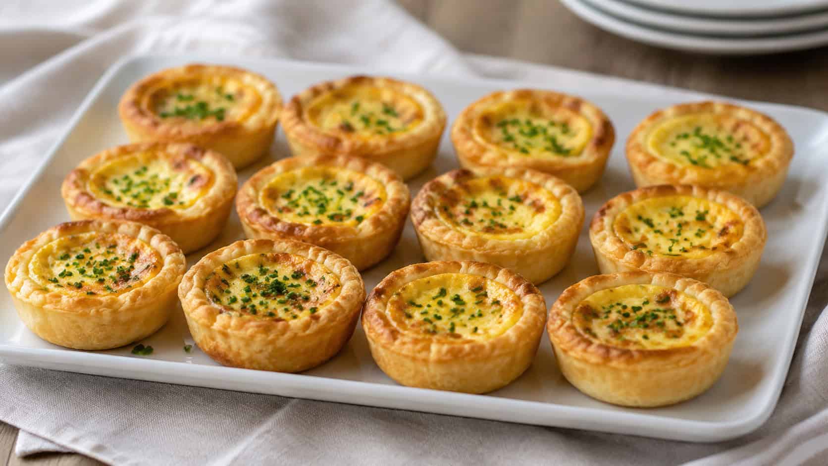 a tray of golden mini quiches with flaky crusts and chive-flecked tops in a wide horizontal shot, arranged on a white platter on a linen napkin, natural light, shallow depth of field, landscape orientation