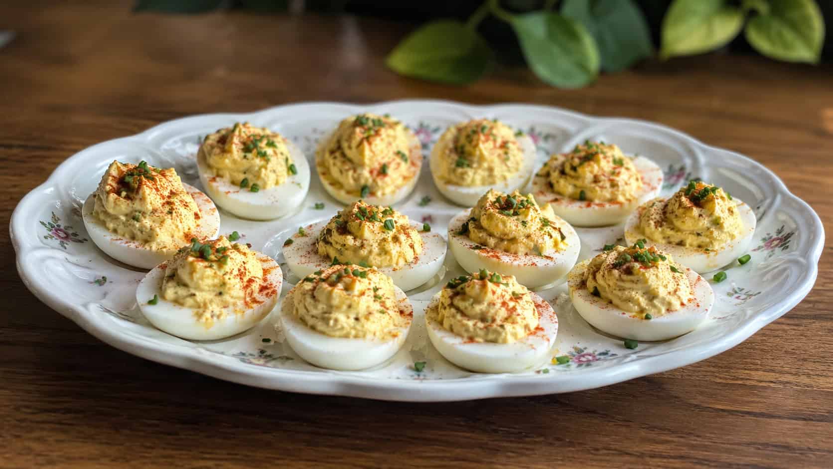 a platter of creamy deviled eggs dusted with smoked paprika and chives in a wide horizontal shot, arranged on a vintage egg plate on a wood table, natural light, shallow depth of field, landscape orientation