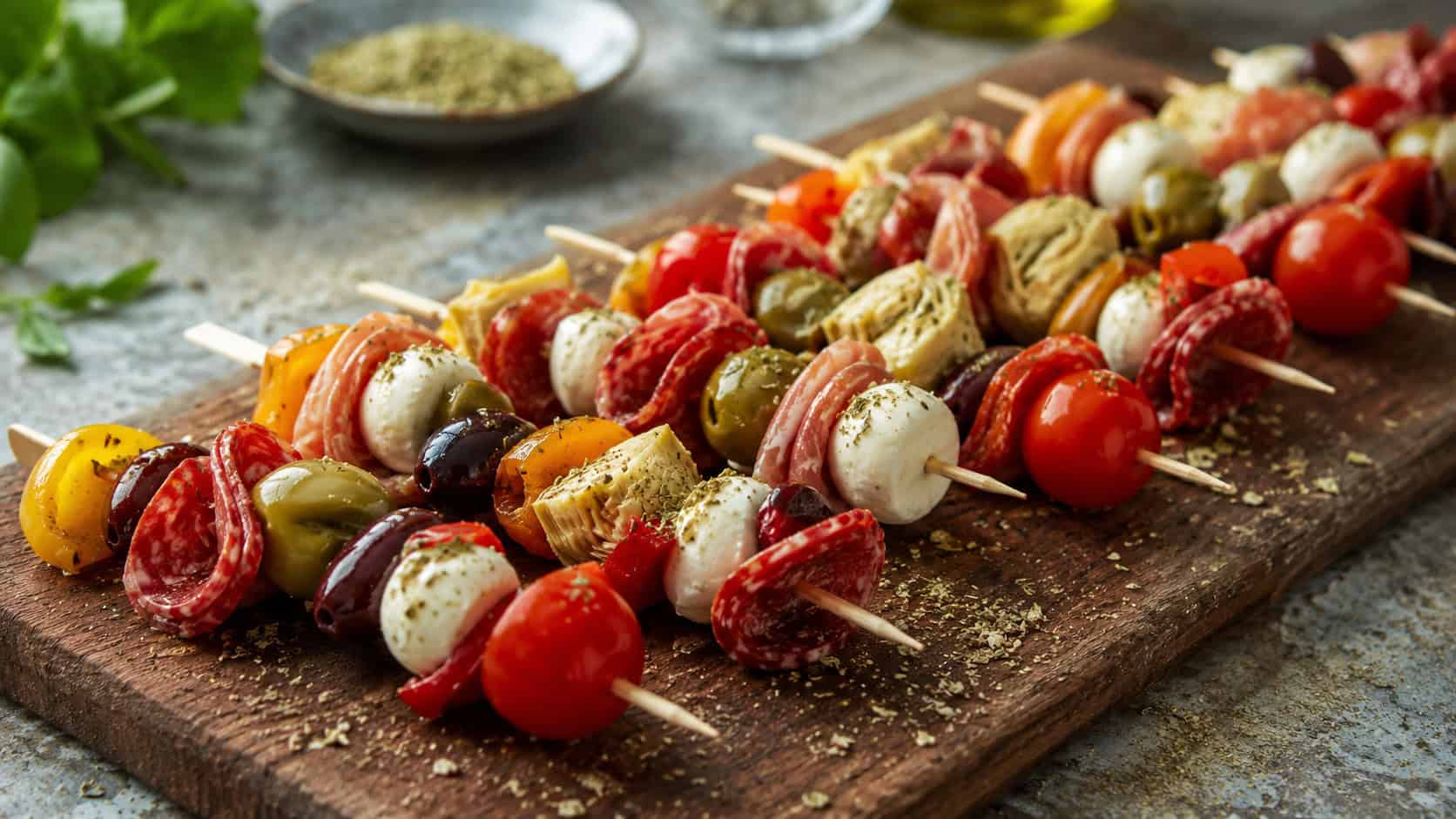 colorful antipasto skewers in a wide horizontal shot, arranged in rows on a long wooden board sprinkled with oregano, natural light, shallow depth of field, landscape orientation