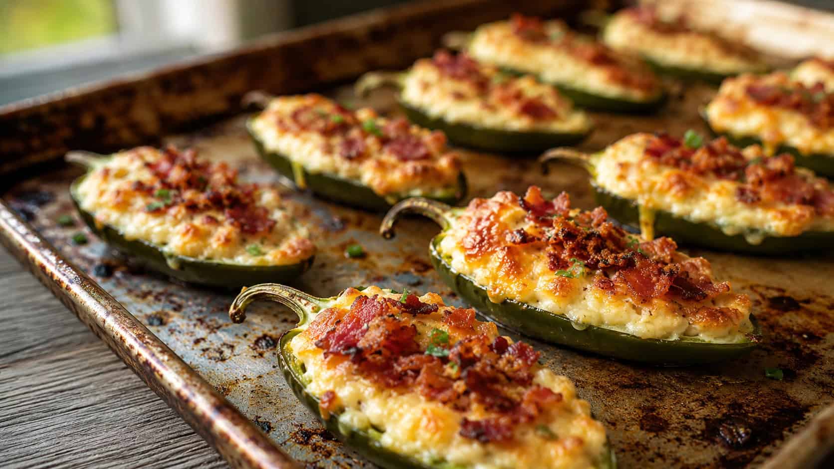 baked jalapeño poppers in a wide horizontal shot, lined up on a rustic sheet pan with crisp golden tops and crumbled bacon, natural light, shallow depth of field, landscape orientation