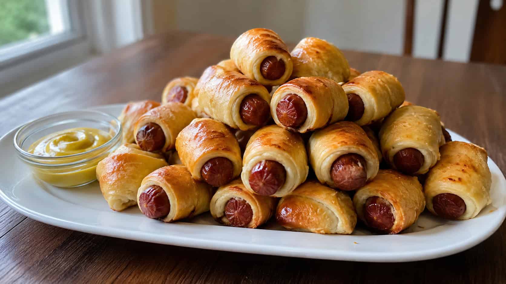golden pigs in a blanket in a wide horizontal shot, piled on a white platter with a small bowl of mustard on a wooden table, natural light, shallow depth of field, landscape orientation
