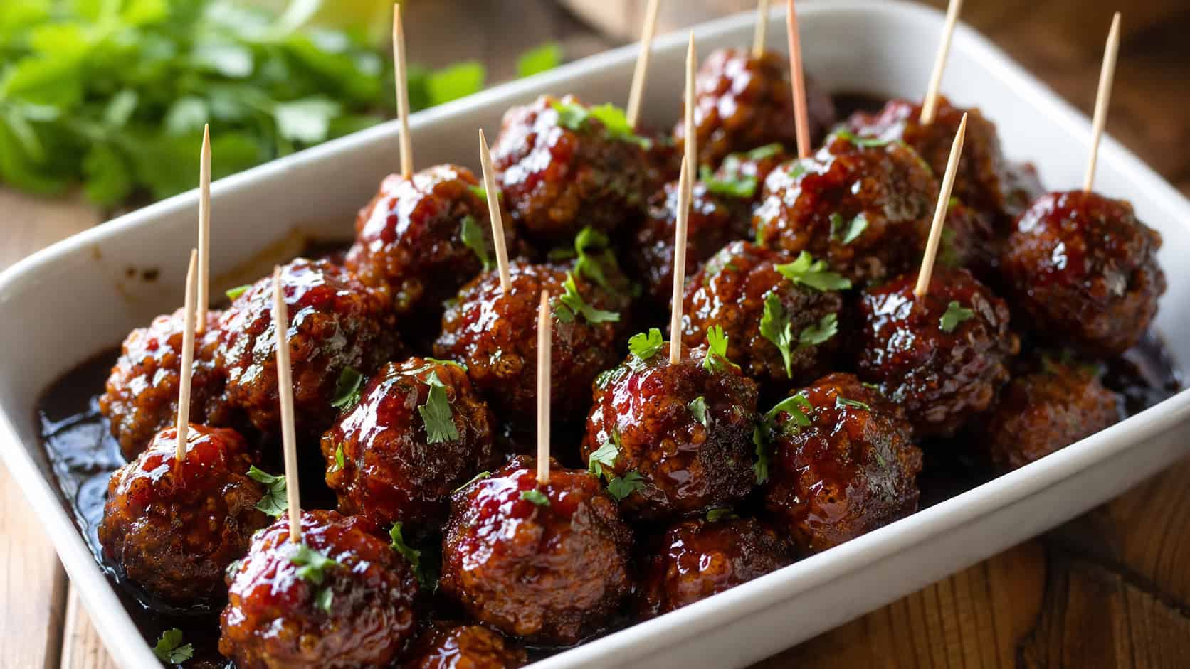 glossy BBQ meatballs in a wide horizontal shot, glistening in a dark sauce in a white serving dish with toothpicks and parsley, natural light, shallow depth of field, landscape orientation