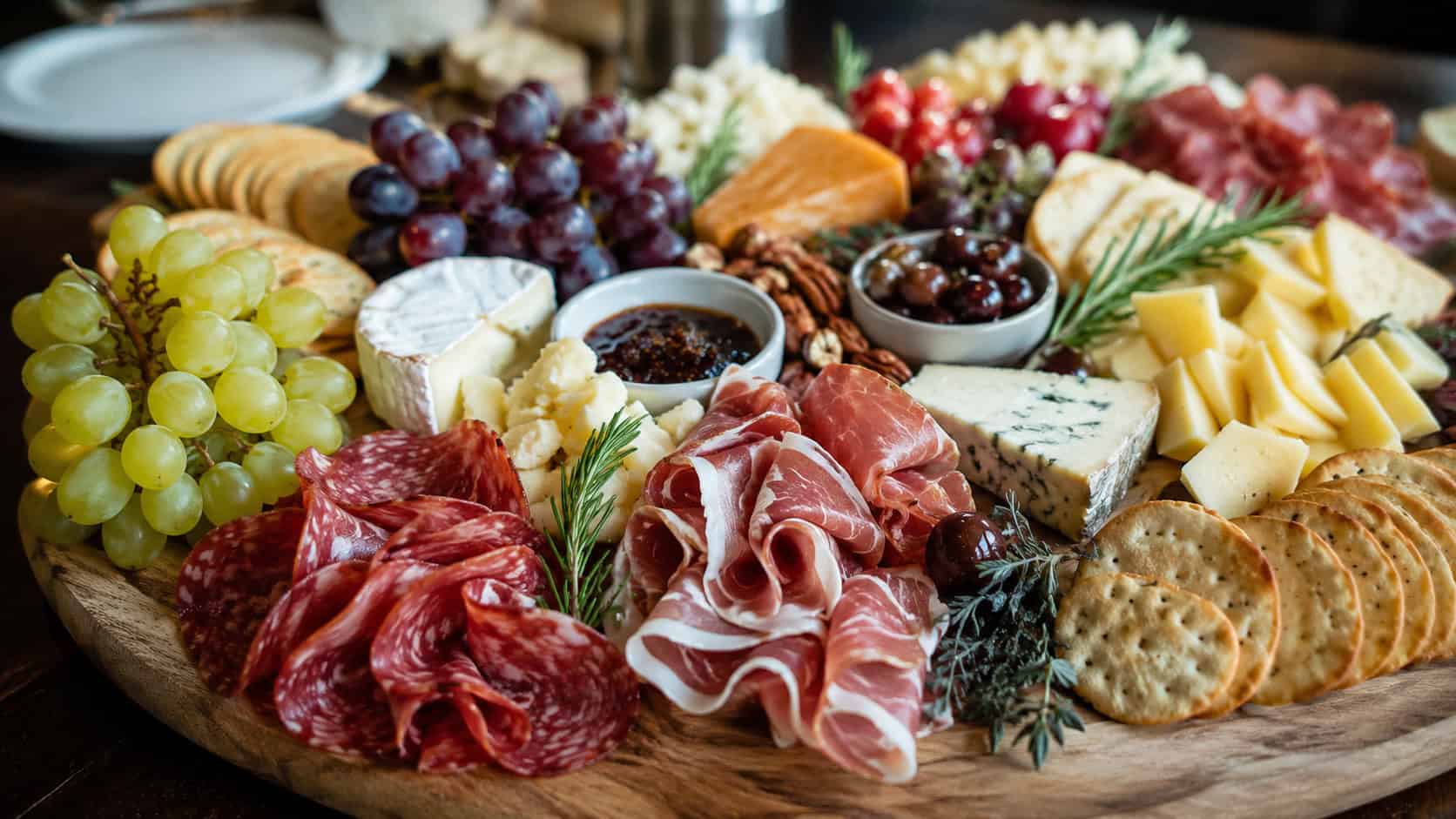 an abundant cheese and charcuterie board in a wide horizontal shot, overflowing with cheeses, folded meats, grapes, and crackers on a large wooden board, natural light, shallow depth of field, landscape orientation