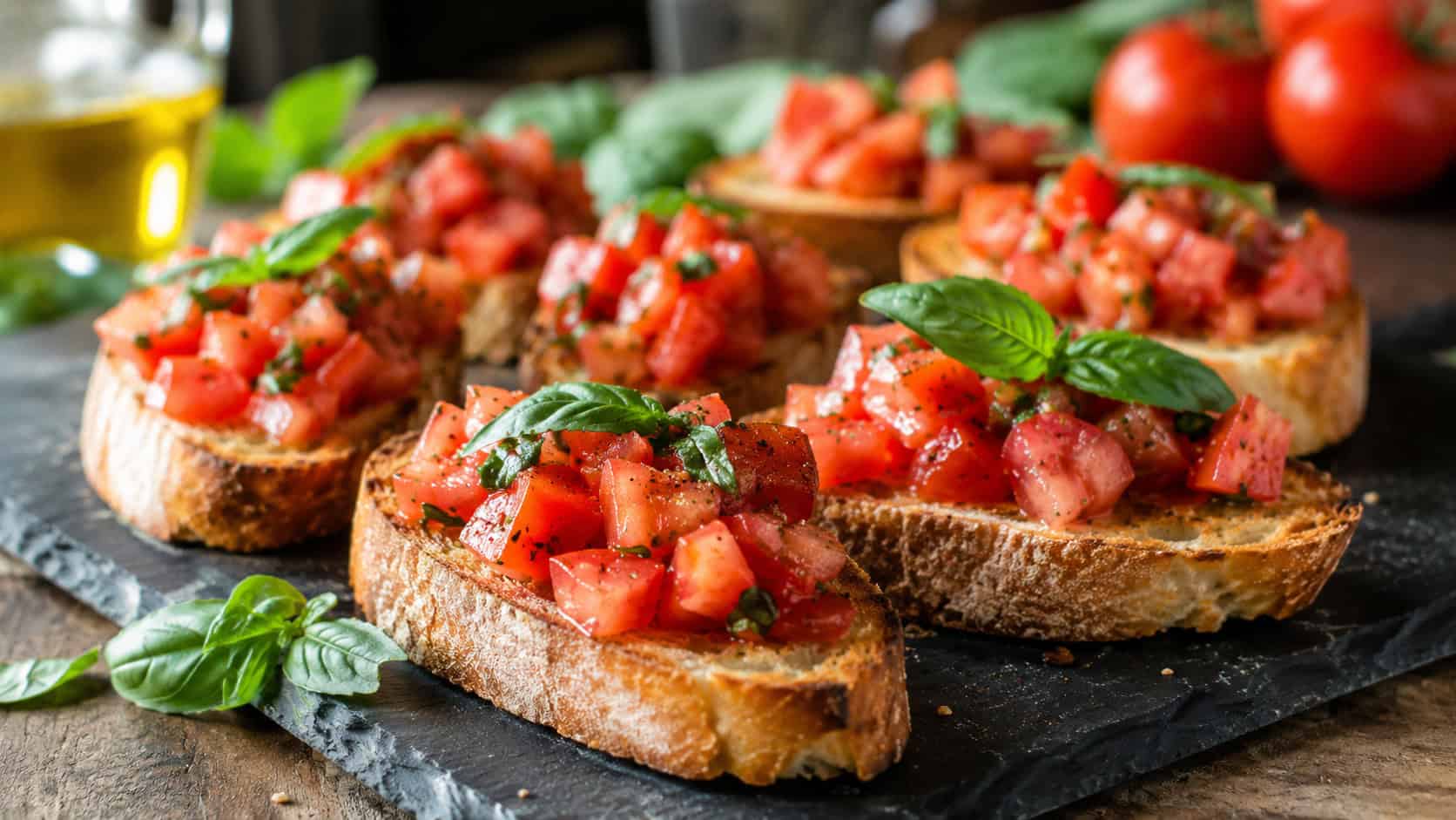 fresh tomato bruschetta in a wide horizontal shot, toasts piled with diced tomatoes and basil arranged on a slate board, natural light, shallow depth of field, landscape orientation