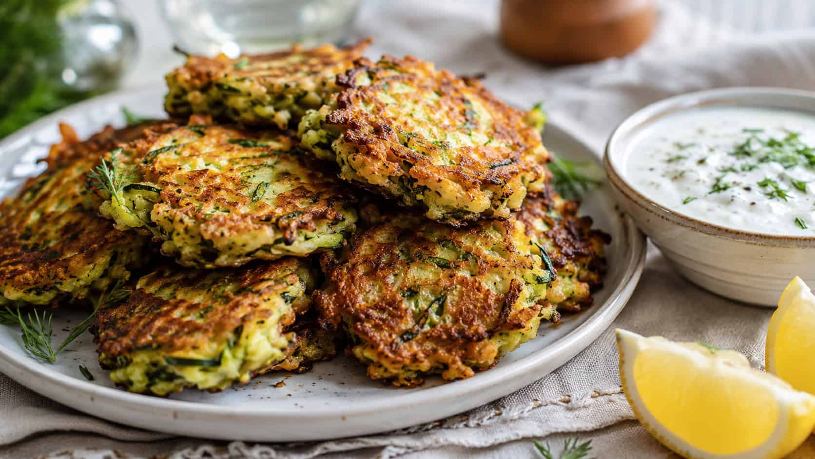 crispy zucchini fritters in a wide horizontal shot, stacked on a plate with a bowl of yogurt dip and lemon wedges on a linen napkin, natural light, shallow depth of field, landscape orientation