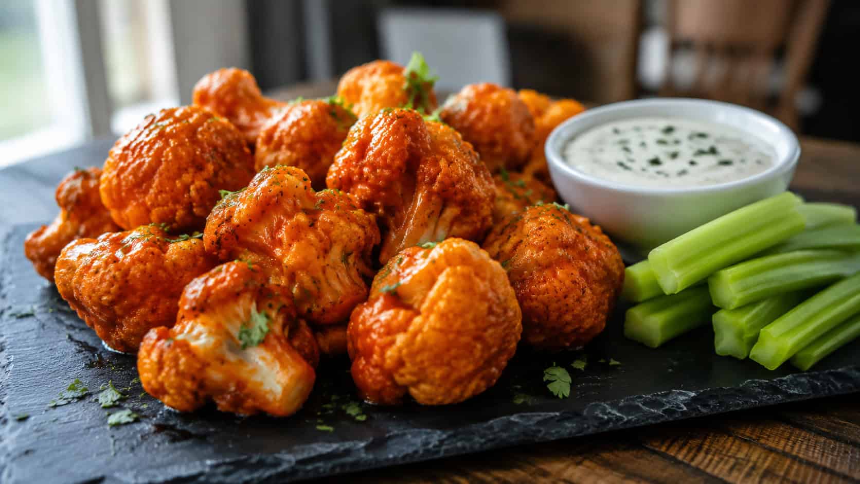 bright orange buffalo cauliflower bites in a wide horizontal shot, piled on a slate board with a small bowl of ranch and celery sticks, natural light, shallow depth of field, landscape orientation