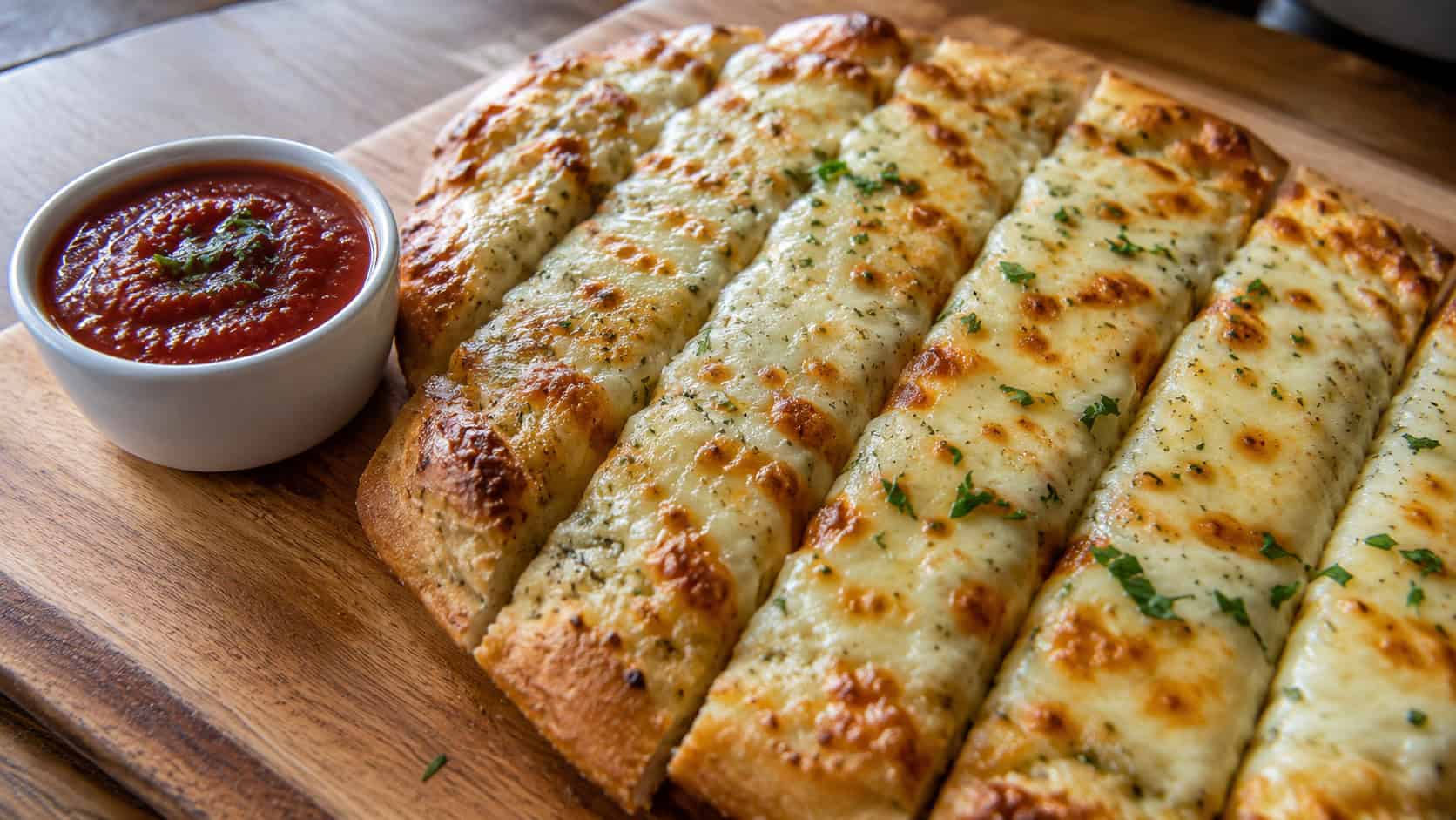 cheesy garlic breadsticks in a wide horizontal shot, golden and bubbly sliced into strips on a wooden board with a bowl of marinara, natural light, shallow depth of field, landscape orientation