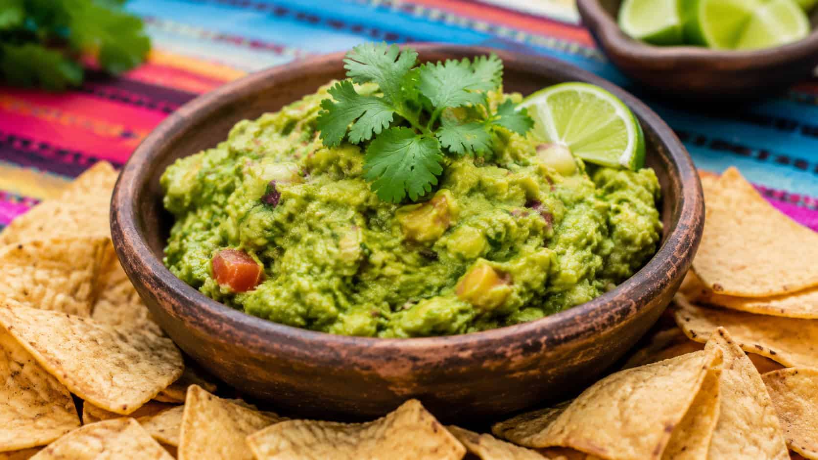 chunky guacamole in a wide horizontal shot, in a rustic bowl topped with cilantro and lime surrounded by tortilla chips on a colorful tablecloth, natural light, shallow depth of field, landscape orientation