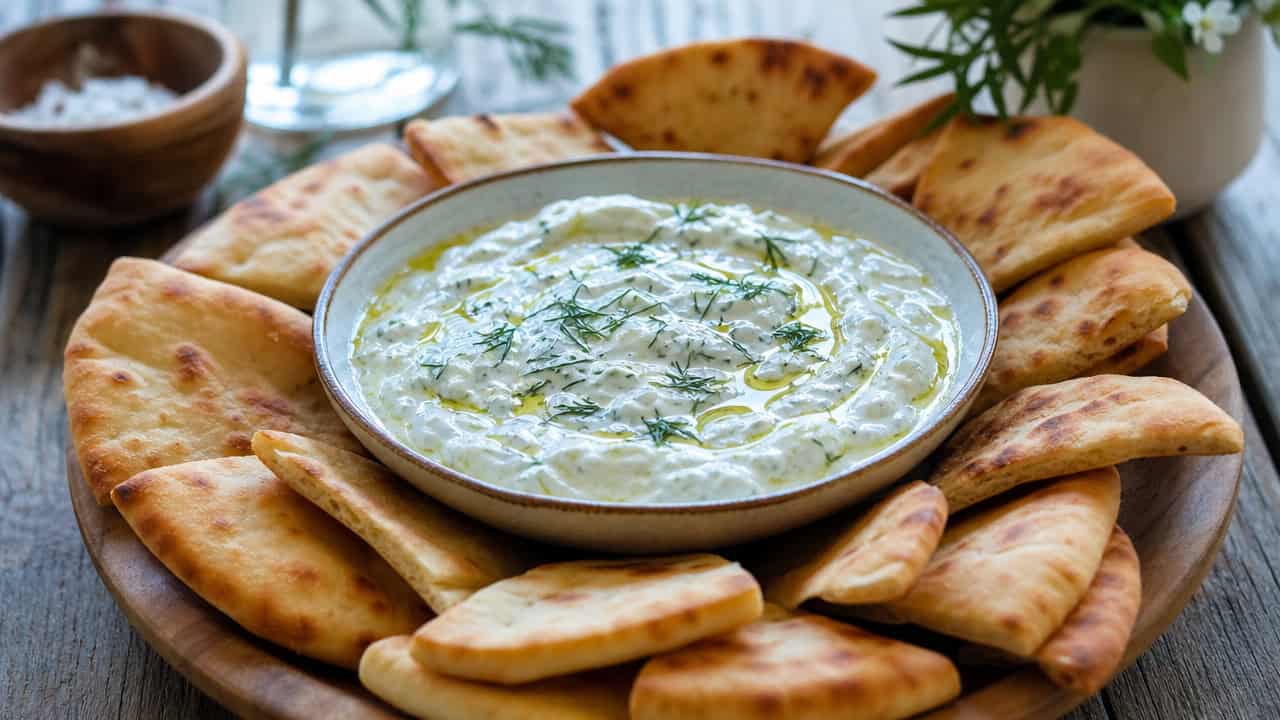 creamy tzatziki dip in a wide horizontal shot, in a bowl drizzled with olive oil and dill surrounded by golden pita wedges on a rustic table, natural light, shallow depth of field, landscape orientation