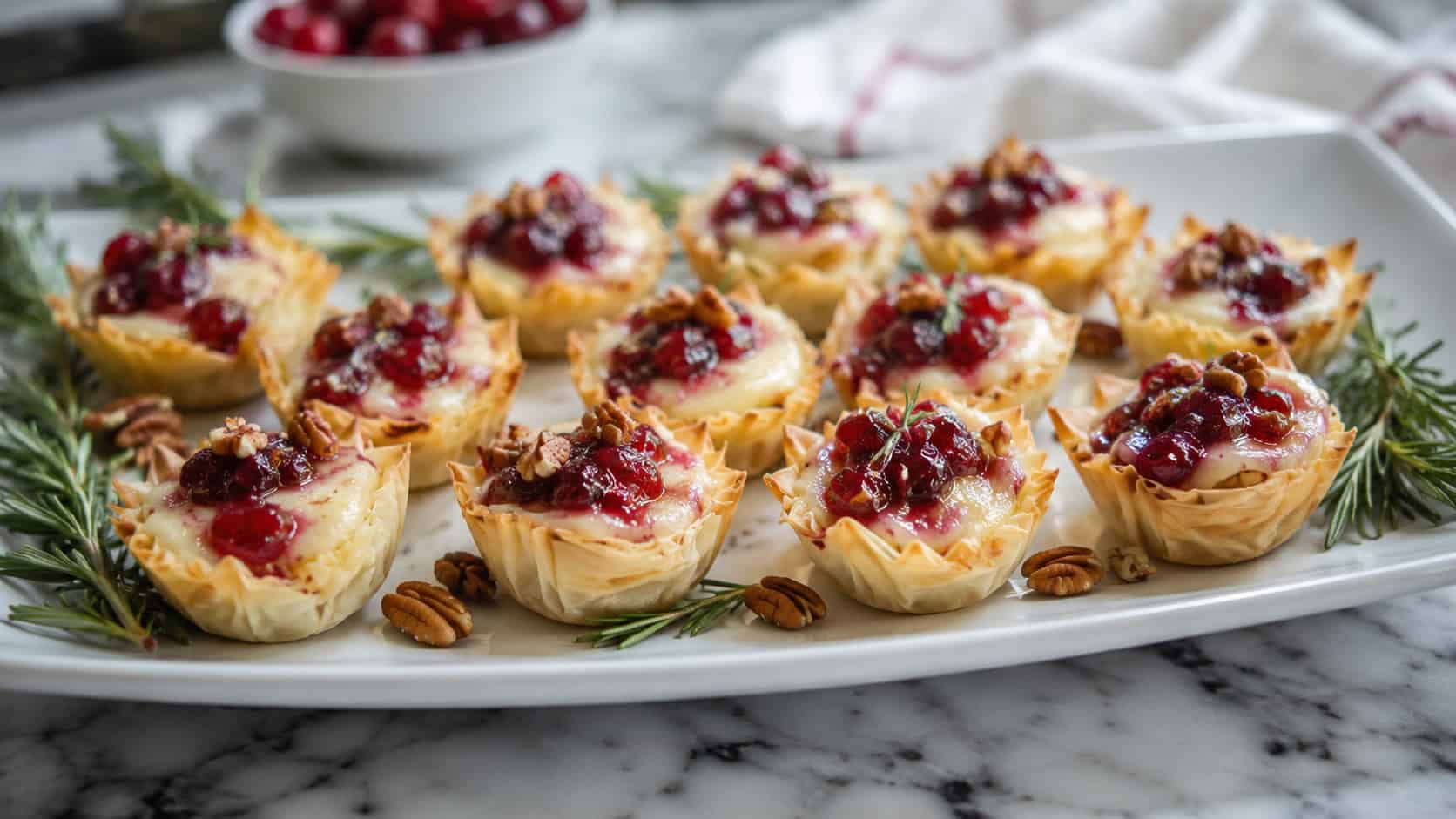 golden cranberry brie bites in a wide horizontal shot, arranged on a white platter with rosemary sprigs and scattered pecans on a marble counter, natural light, shallow depth of field, landscape orientation