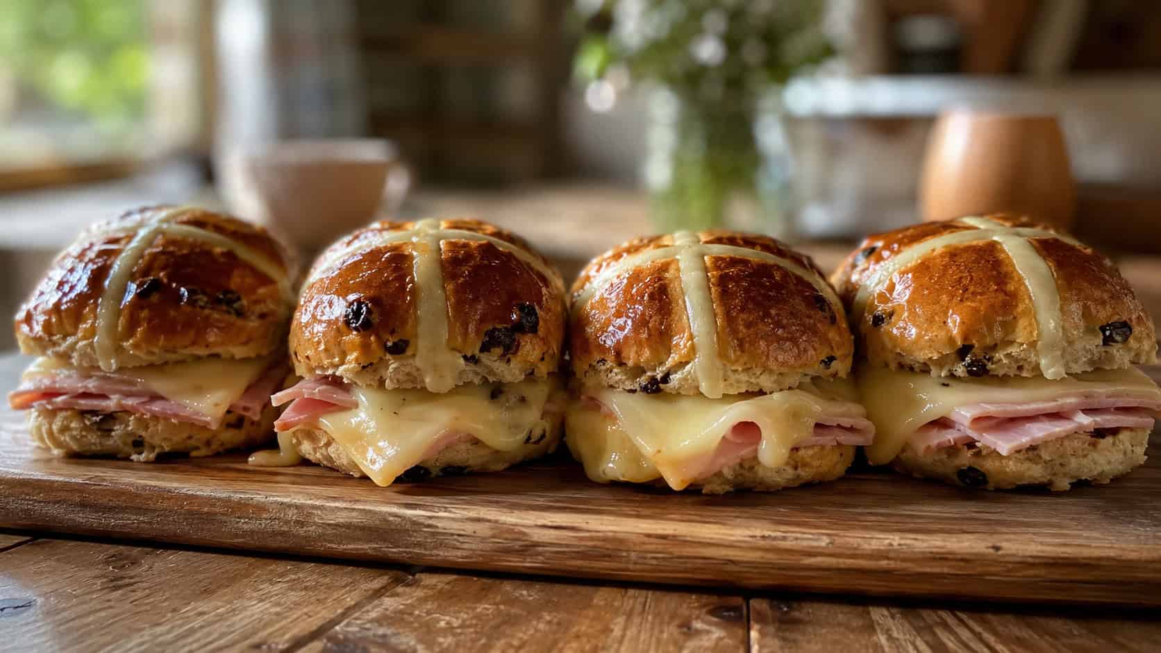hot cross bun sliders with melting Swiss cheese and ham peeking out, arranged in a wide horizontal row on a wooden board, glossy buttered tops, warm natural light, shallow depth of field, landscape orientation