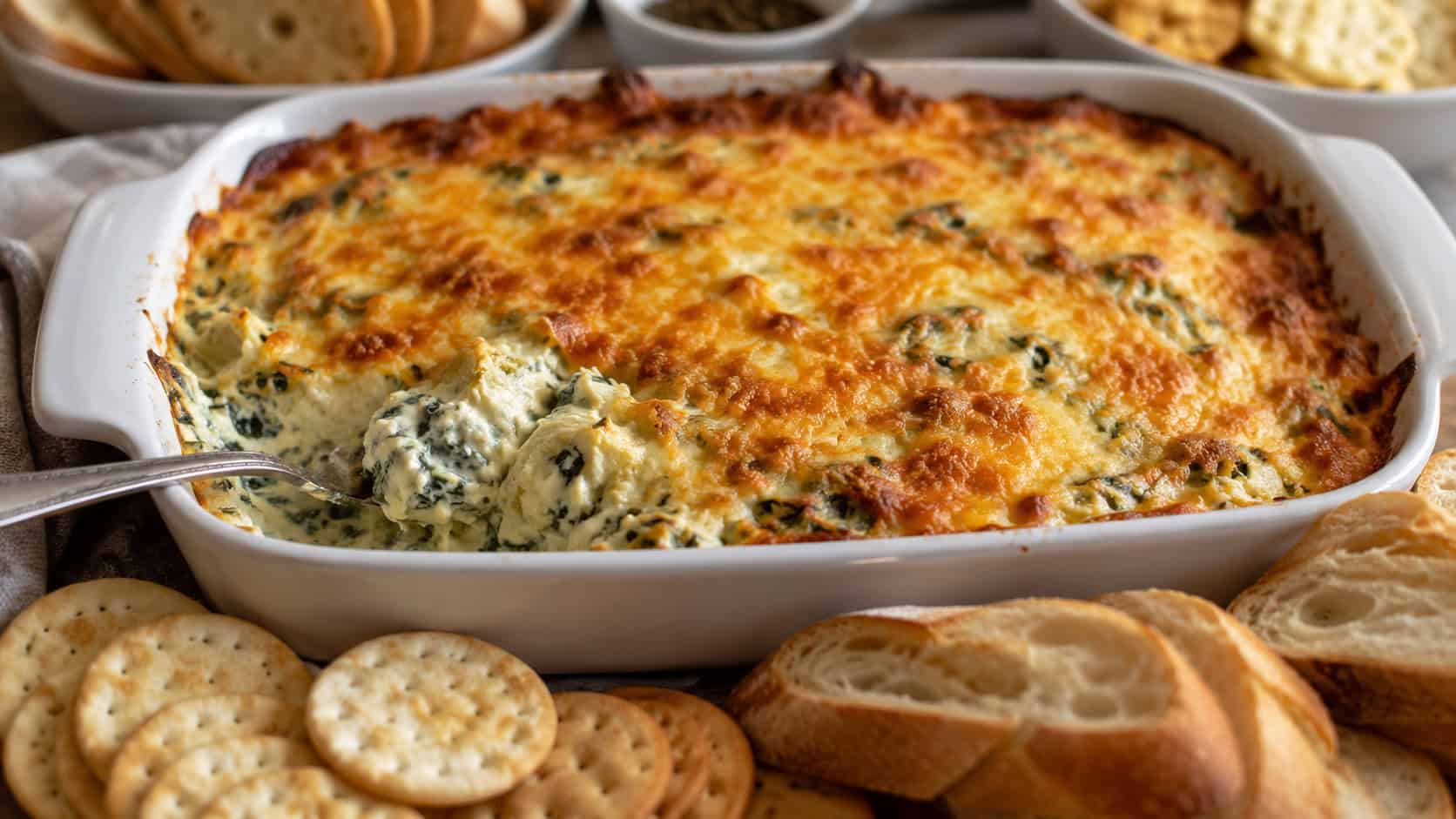 a bubbling spinach and artichoke dip with a golden cheesy top, in a wide horizontal baking dish surrounded by crackers and bread, warm natural light, shallow depth of field, landscape orientation
