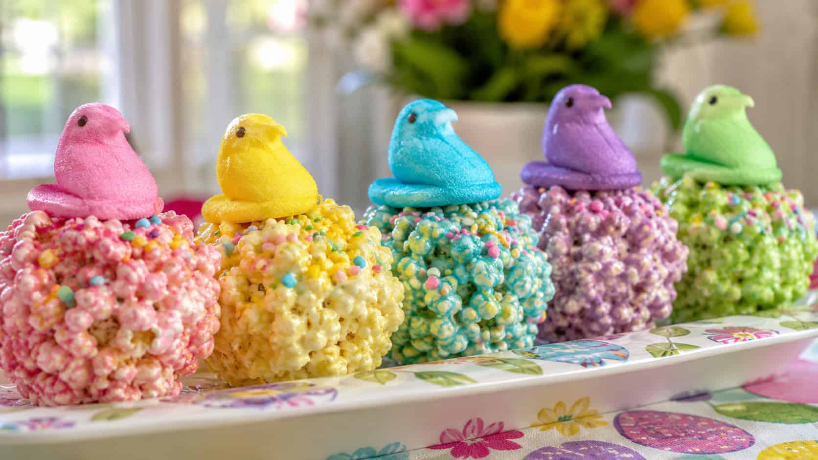 pastel popcorn balls topped with colorful marshmallow chick candies and sprinkles, arranged in a wide horizontal row on a bright spring platter, cheerful natural light, shallow depth of field, landscape orientation