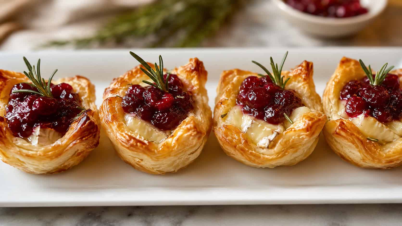 golden puff pastry cups filled with melted brie and ruby cranberry sauce topped with rosemary, arranged in a wide horizontal row on a white platter, warm natural light, shallow depth of field, landscape orientation