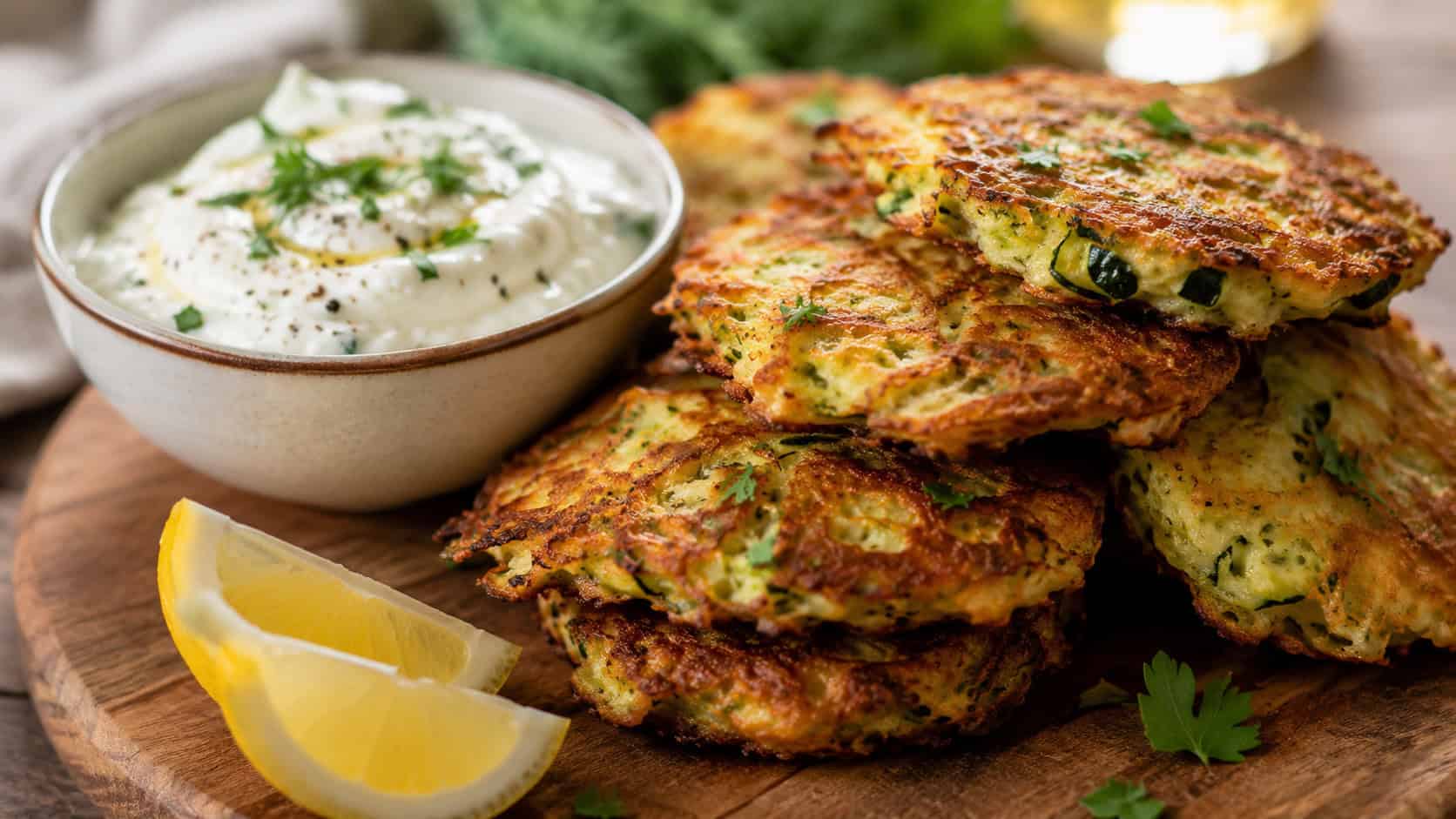 golden crispy zucchini fritters stacked beside a bowl of creamy yogurt dip, in a wide horizontal shot on a wooden board with lemon wedges, warm natural light, shallow depth of field, landscape orientation