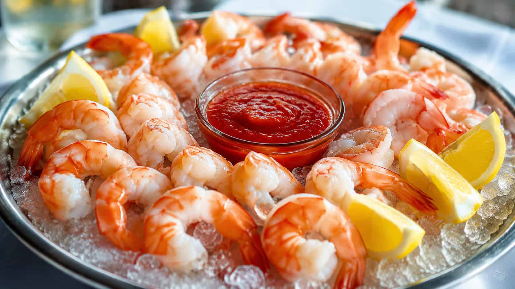 chilled shrimp cocktail arranged around a bowl of red cocktail sauce with lemon wedges, in a wide horizontal shot on a bed of ice on a platter, bright natural light, shallow depth of field, landscape orientation
