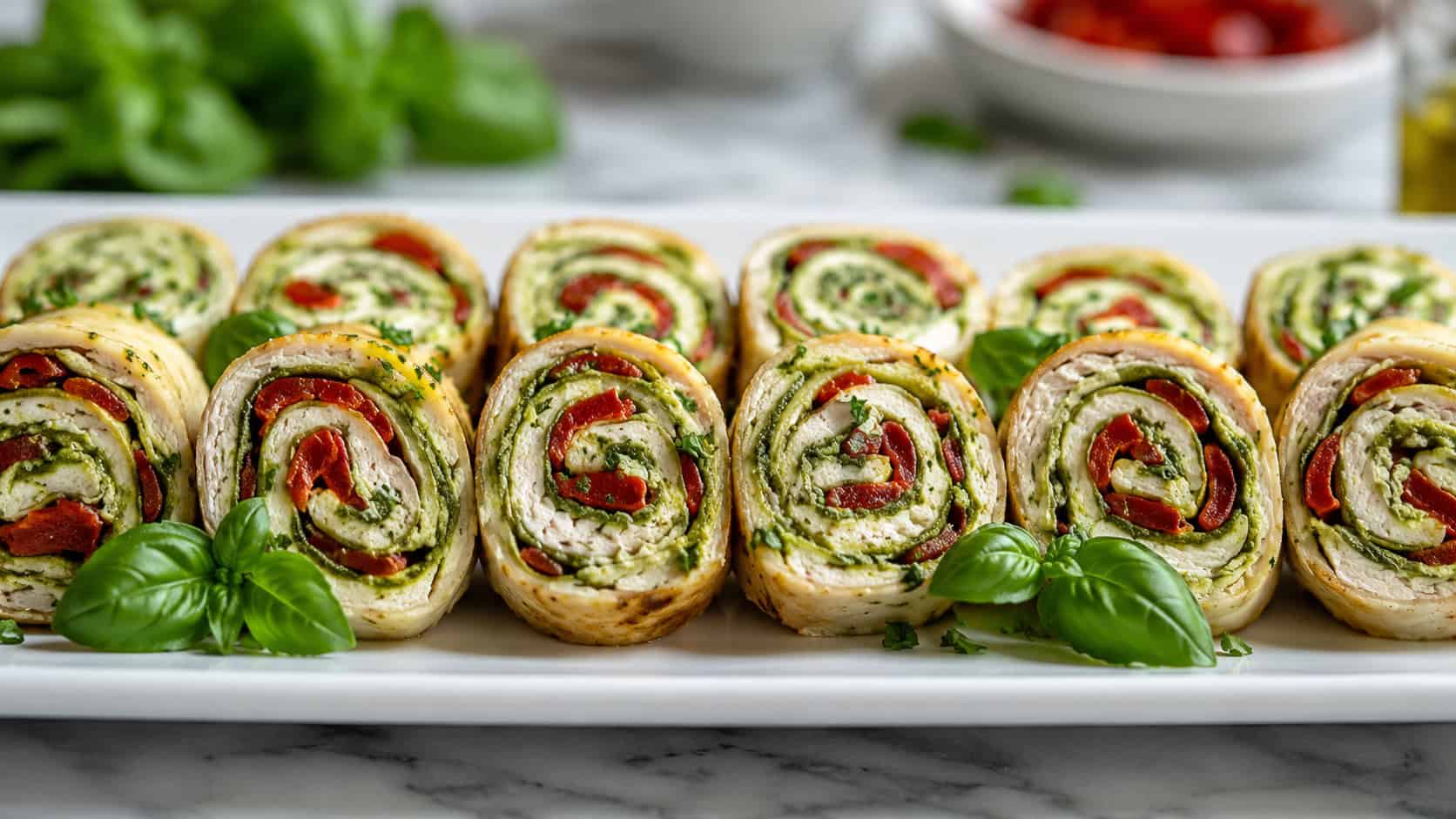 pesto chicken pinwheels showing green and red spirals, arranged cut-side up in a wide horizontal row on a white platter, fresh and colorful, bright natural light, shallow depth of field, landscape orientation
