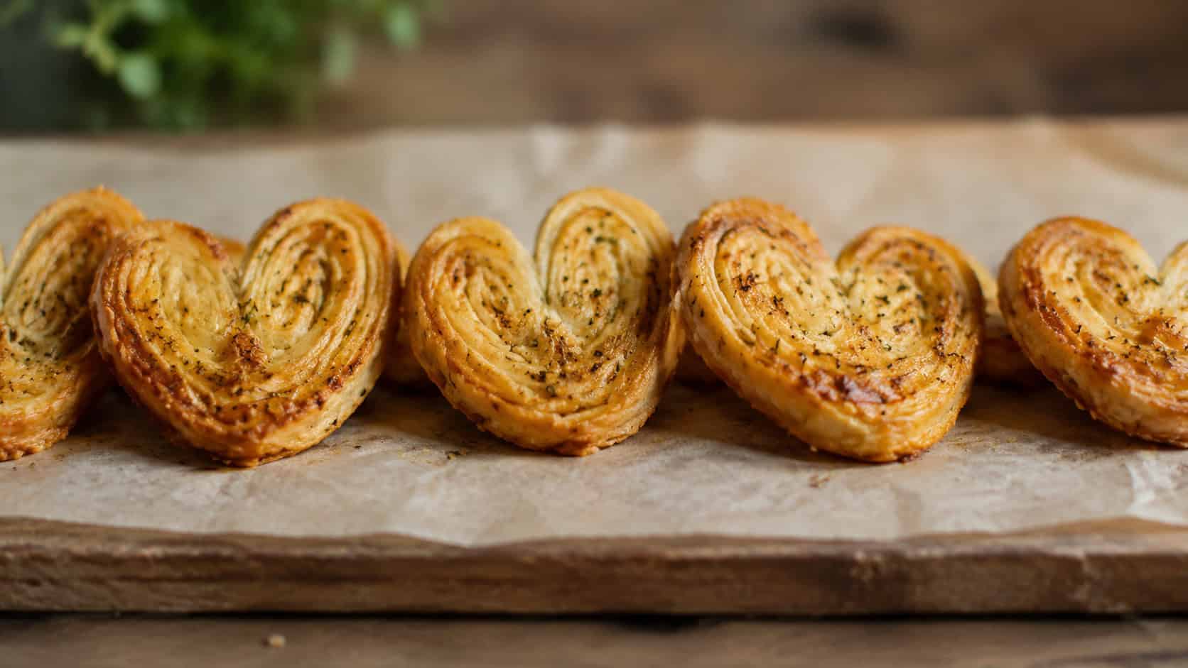 golden savory palmiers with flaky heart-shaped swirls, arranged in a wide horizontal row on a parchment-lined board, crisp and buttery, warm natural light, shallow depth of field, landscape orientation