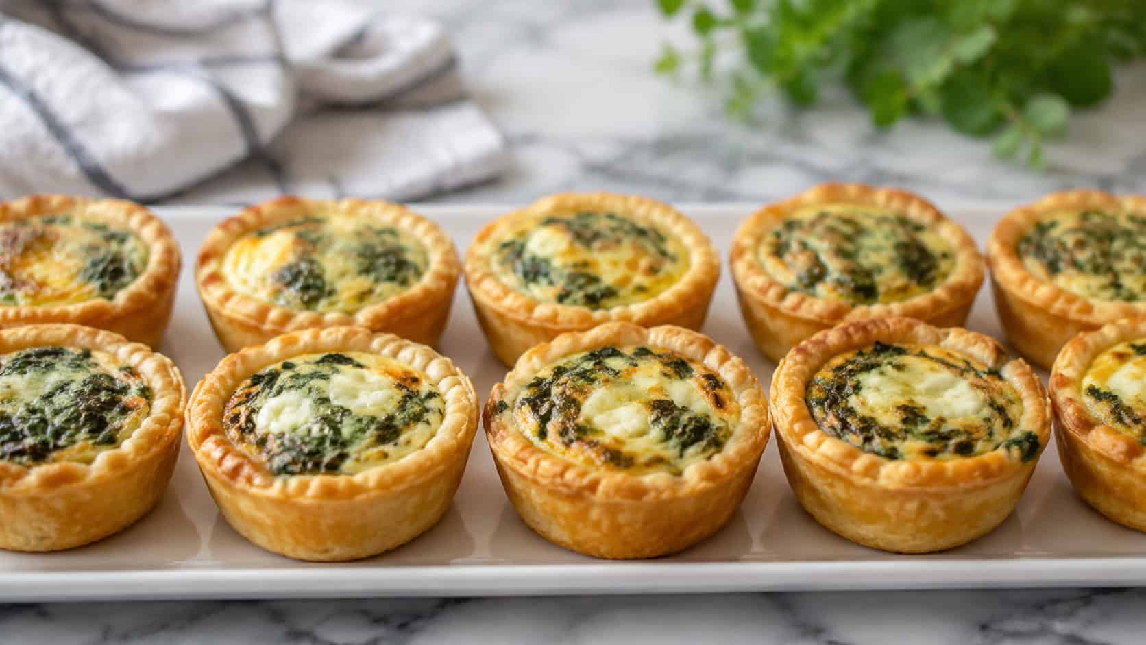 mini spinach and feta quiches with golden flaky crusts, arranged in a wide horizontal row on a white platter, fresh from the oven, soft natural light, shallow depth of field, landscape orientation