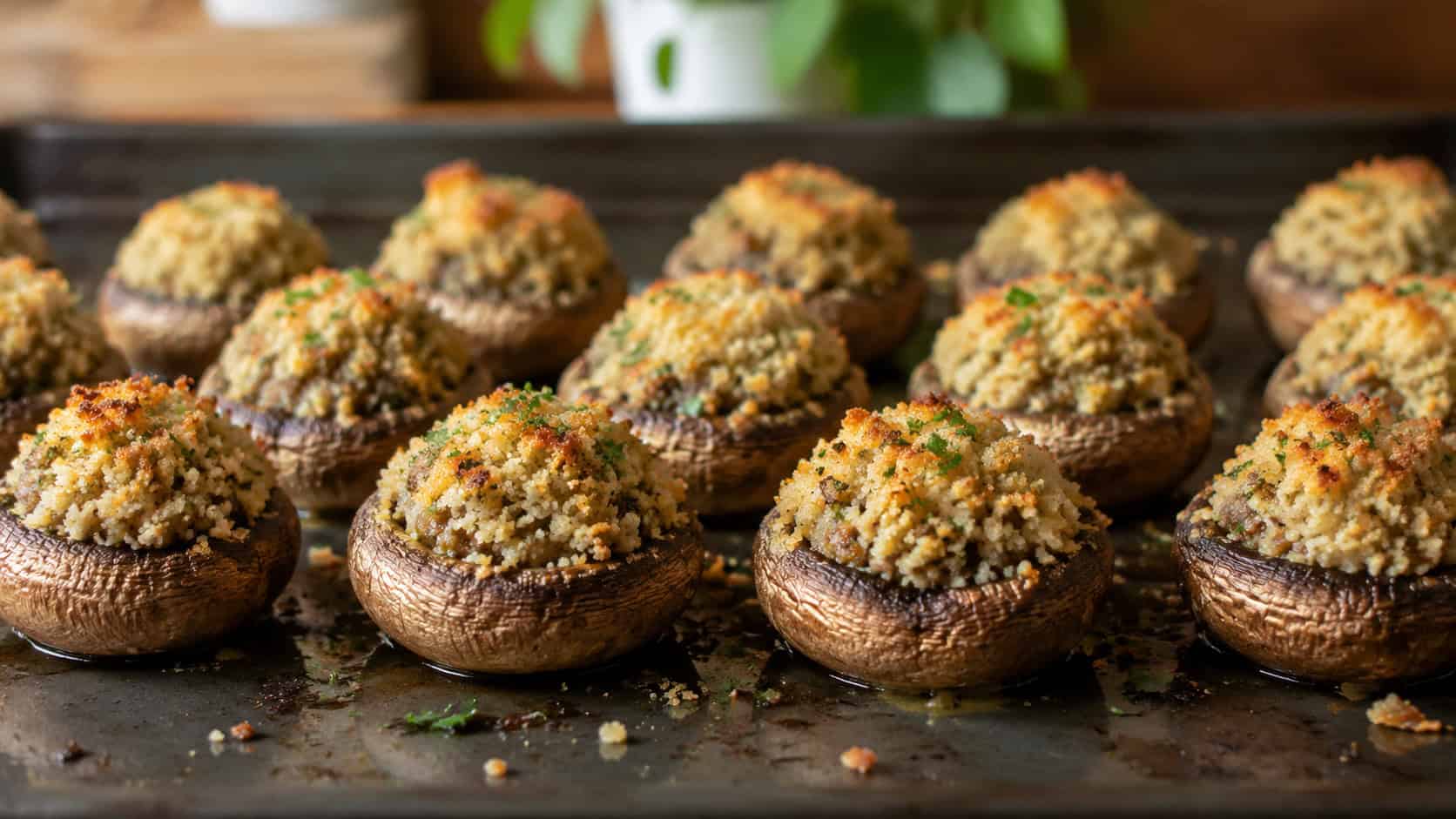stuffed mushrooms with golden herbed breadcrumb tops, arranged in a wide horizontal row on a dark sheet pan, fresh from the oven, warm natural light, shallow depth of field, landscape orientation