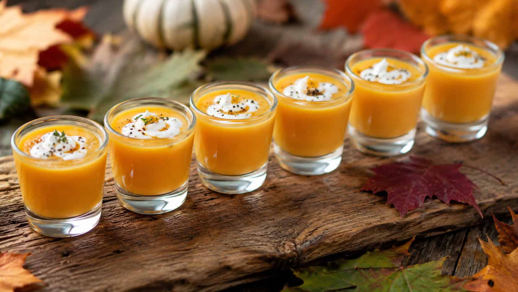 a row of small glass shooters filled with creamy orange butternut squash soup topped with a swirl of cream, in a wide horizontal shot on a rustic wooden board with autumn leaves scattered around, natural light, shallow depth of field, landscape orientation
