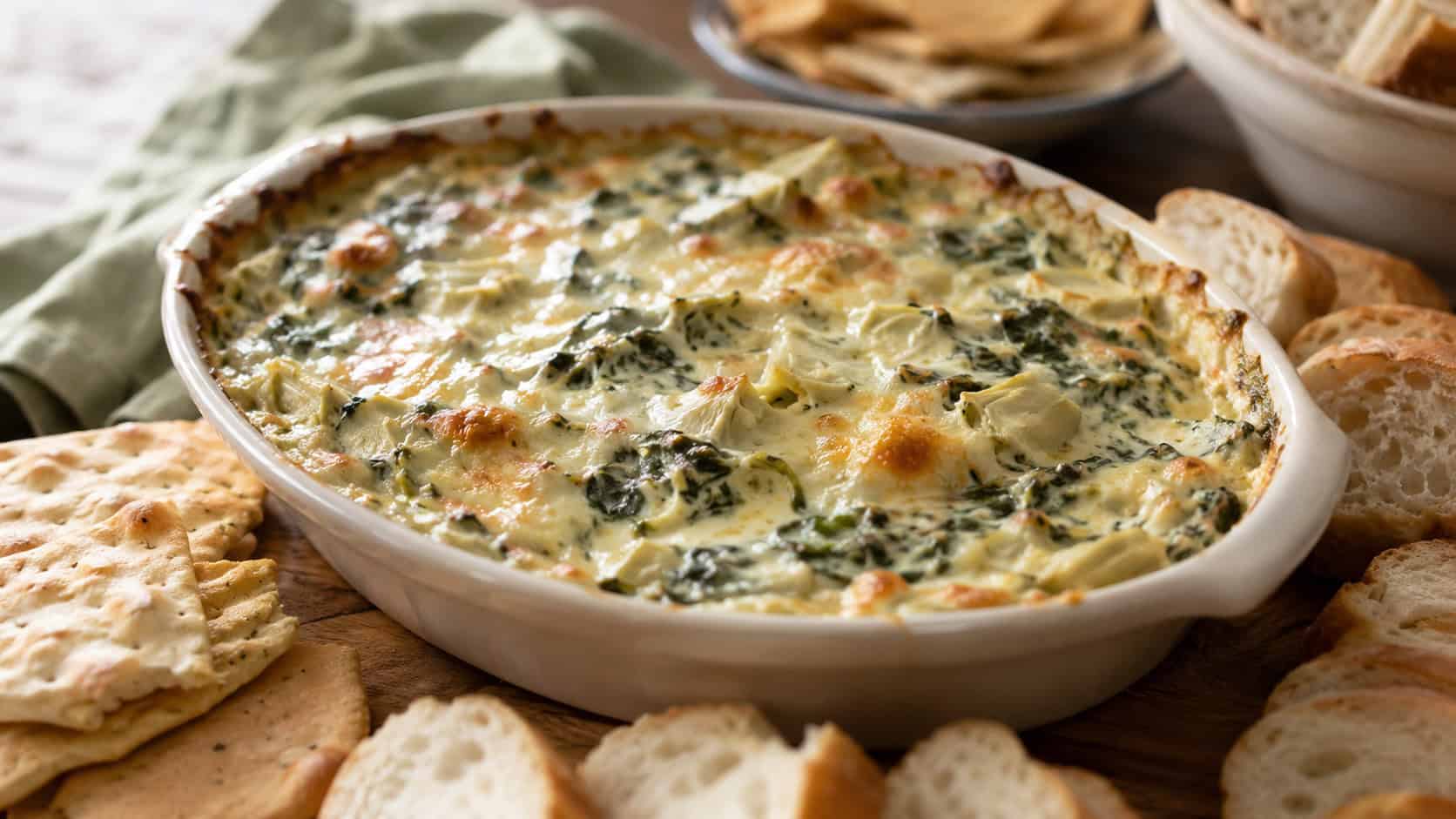a bubbling golden spinach and artichoke dip in a ceramic baking dish, in a wide horizontal shot surrounded by crackers and bread on a wooden table, natural light, shallow depth of field, landscape orientation