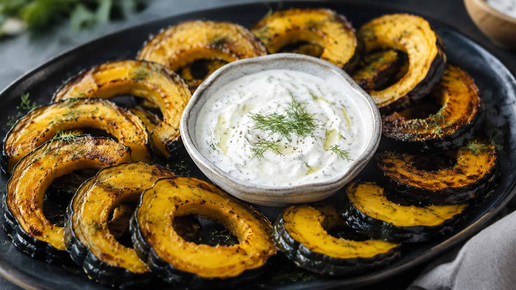 caramelized acorn squash rings arranged around a bowl of herbed yogurt, in a wide horizontal shot on a dark platter sprinkled with dill, natural light, shallow depth of field, landscape orientation