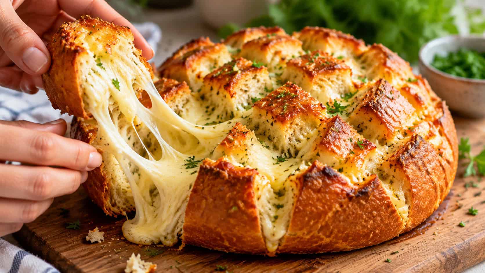a crusty pull-apart bread loaf oozing melted cheese and sprinkled with herbs, in a wide horizontal shot on a wooden board with hands ready to tear a piece, natural light, shallow depth of field, landscape orientation