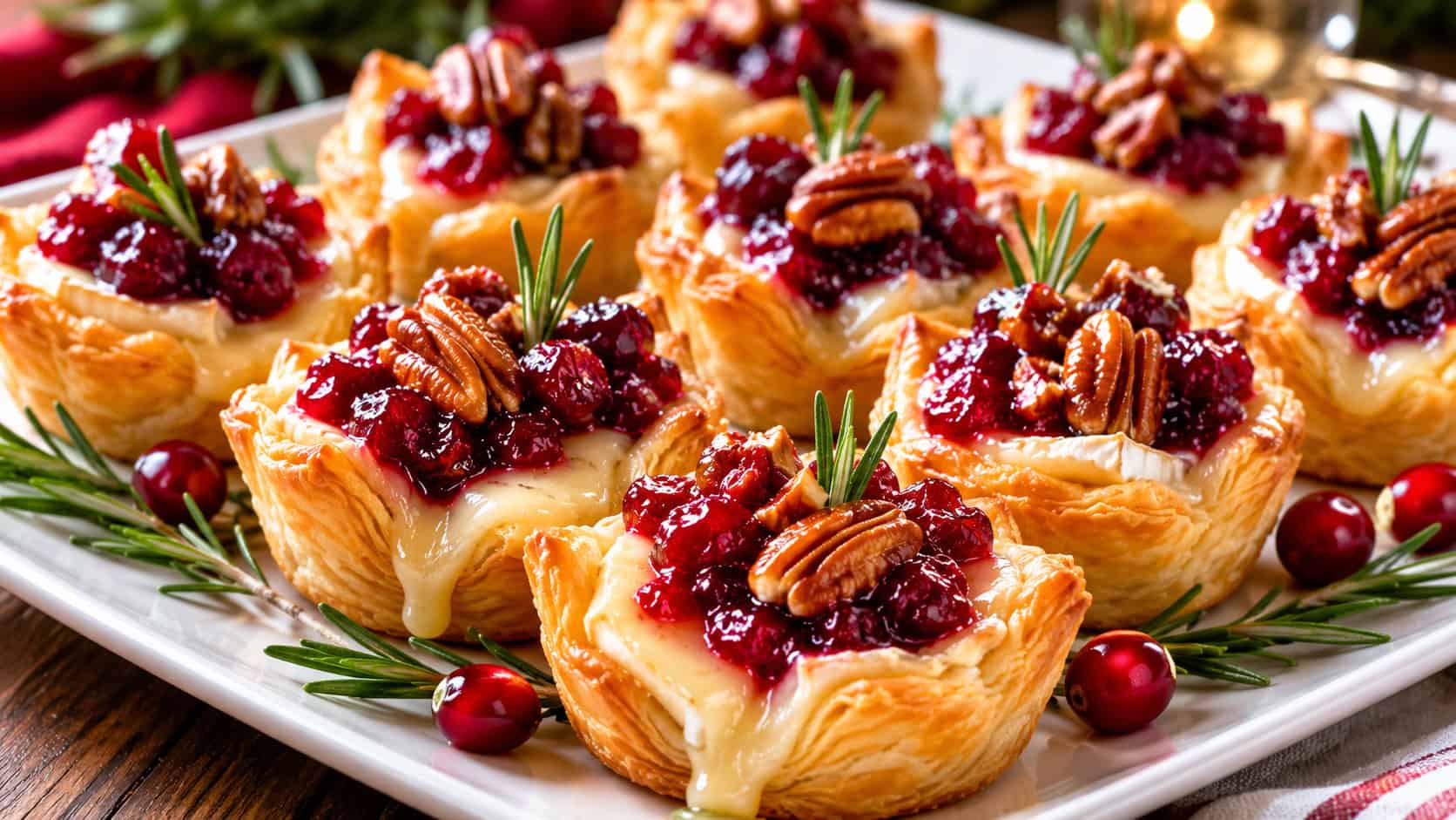golden puff pastry cups filled with melted brie and glossy red cranberry sauce topped with pecans, in a wide horizontal shot on a white platter with rosemary sprigs, natural light, shallow depth of field, landscape orientation