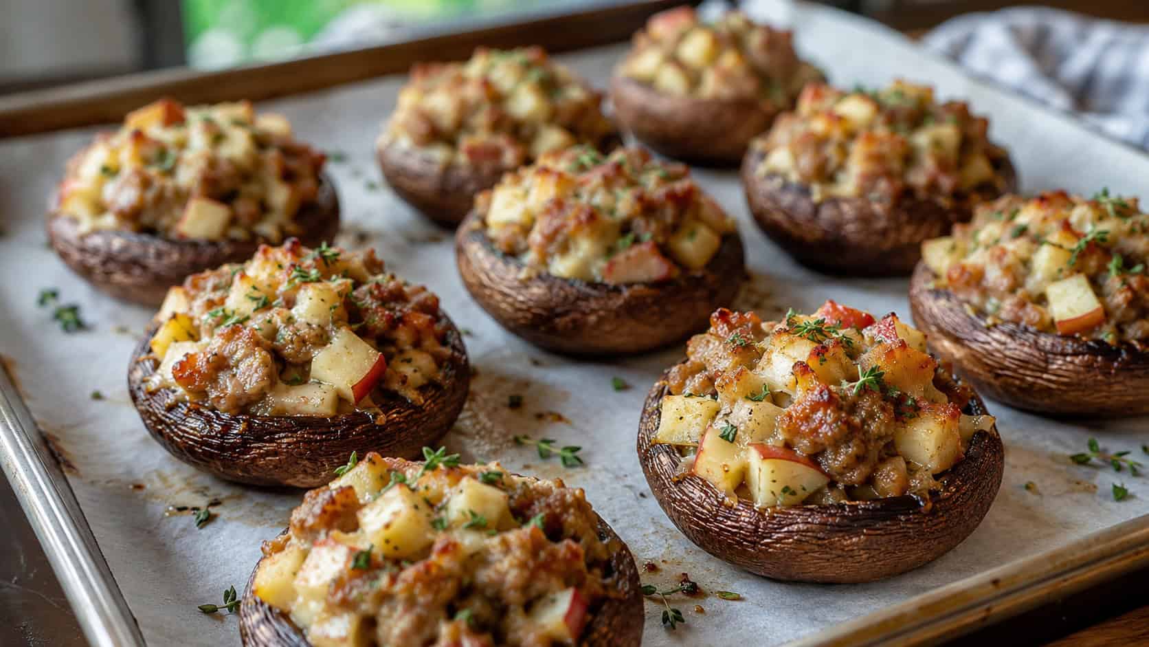 stuffed mushroom caps with golden sausage and apple filling sprinkled with herbs, in a wide horizontal shot on a baking tray lined with parchment, natural light, shallow depth of field, landscape orientation