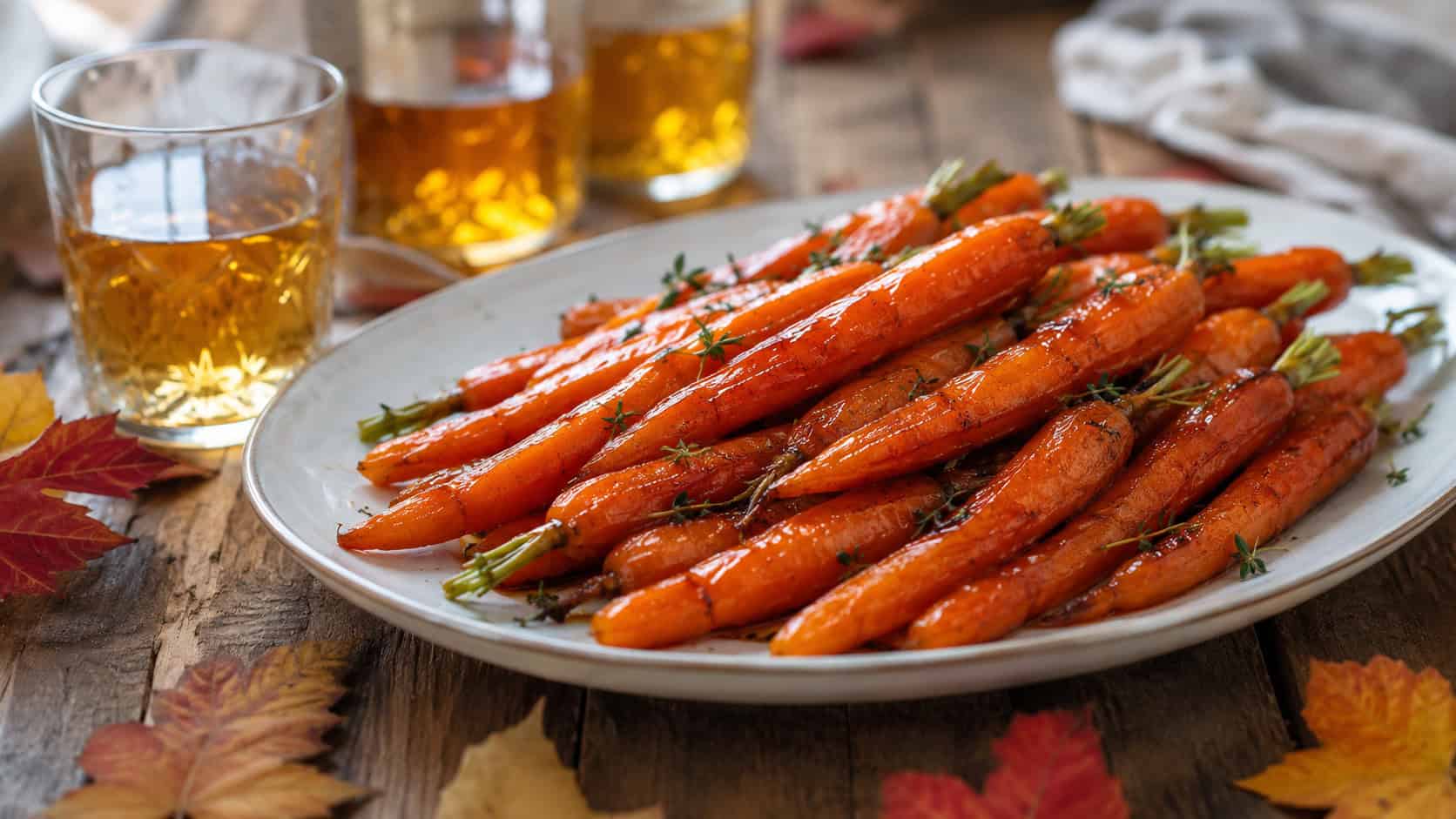 glossy glazed baby carrots sprinkled with thyme on a serving platter, in a wide horizontal shot on a rustic wooden table with cider and autumn leaves nearby, natural light, shallow depth of field, landscape orientation