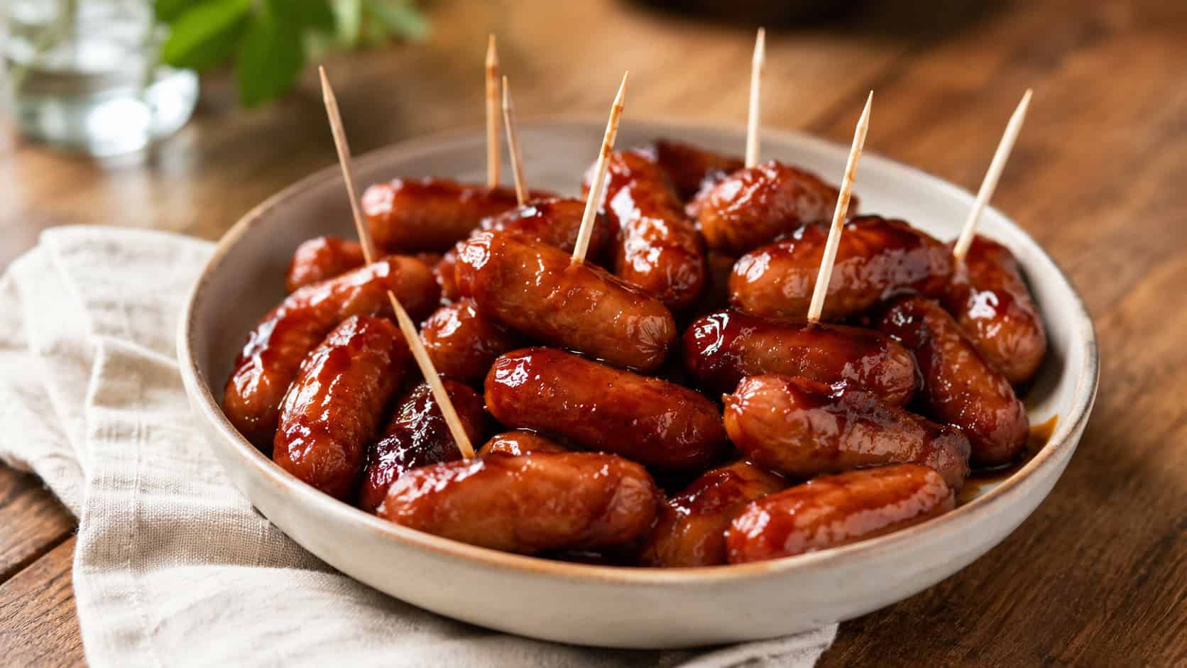 glossy maple-glazed cocktail sausages with toothpicks piled in a shallow bowl, in a wide horizontal shot on a warm wooden table with a linen napkin, natural light, shallow depth of field, landscape orientation