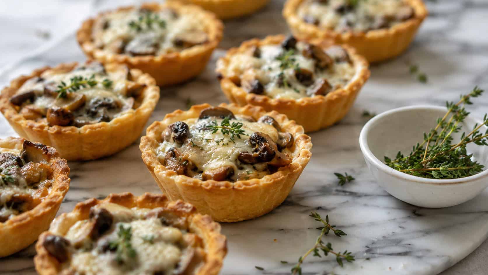 golden mini tartlets filled with sautéed mushrooms and melted cheese topped with thyme, in a wide horizontal shot on a marble board with a small bowl of thyme nearby, natural light, shallow depth of field, landscape orientation