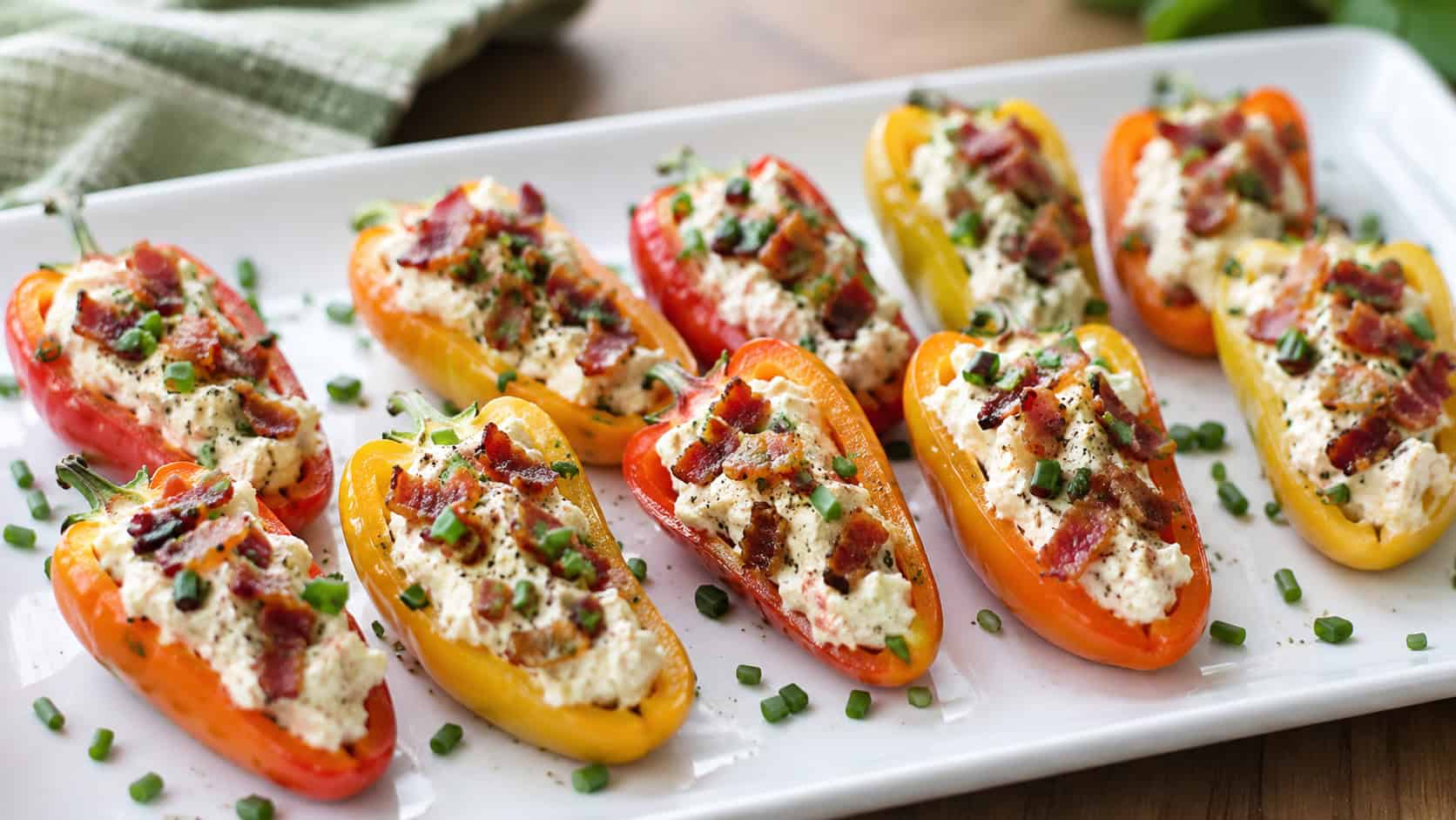 colorful mini sweet peppers stuffed with creamy filling and bacon, in a wide horizontal shot on a white platter sprinkled with chives, natural light, shallow depth of field, landscape orientation