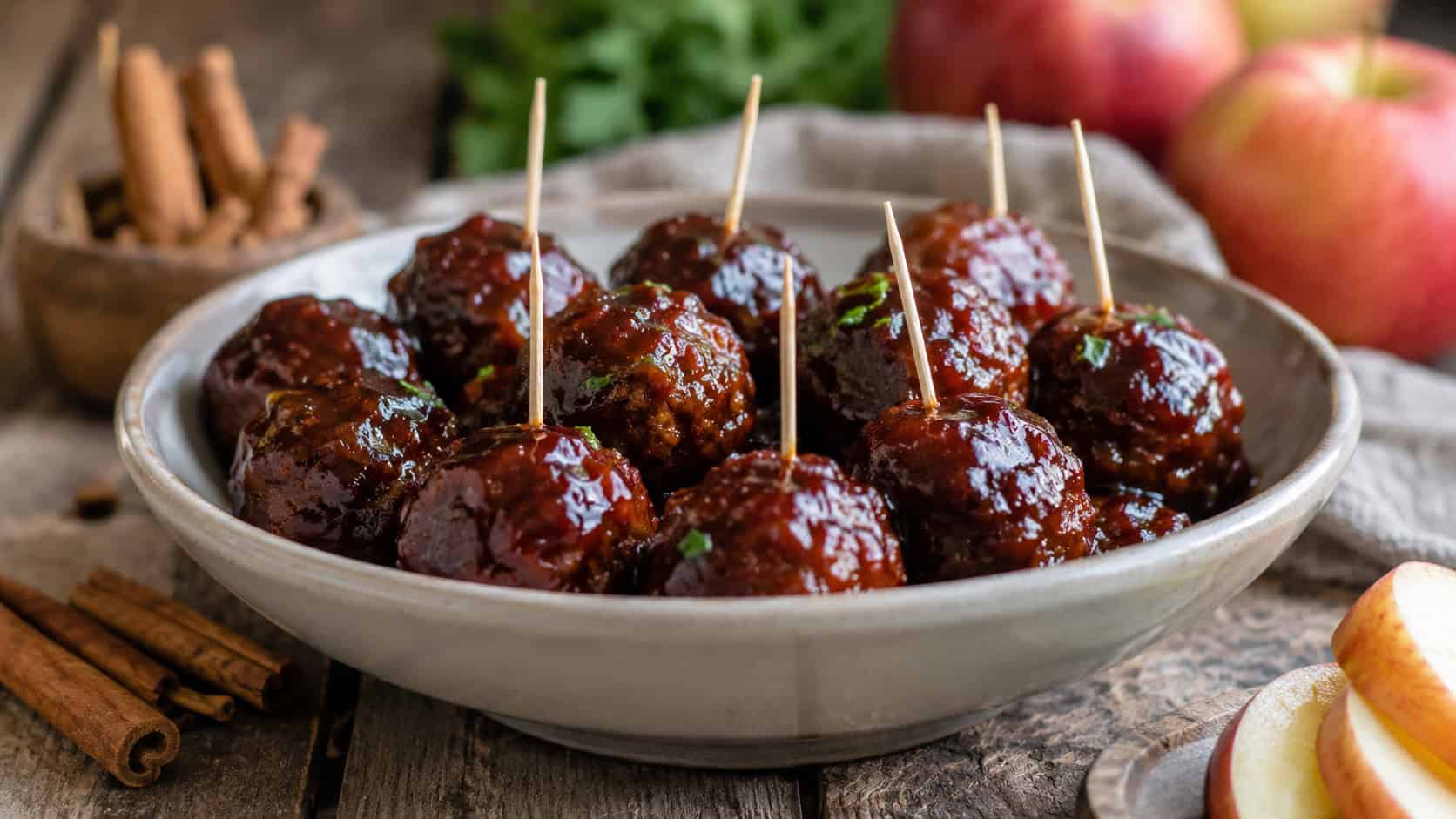 glossy glazed meatballs in a shallow bowl with toothpicks, in a wide horizontal shot on a rustic table with cinnamon sticks and apple slices nearby, natural light, shallow depth of field, landscape orientation
