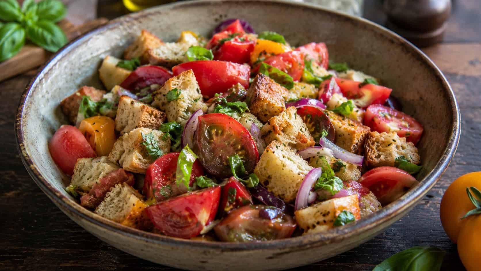a colorful bread and tomato salad in a wide horizontal shot, tossed in a large rustic bowl with basil on a wooden table, natural light, shallow depth of field, landscape orientation